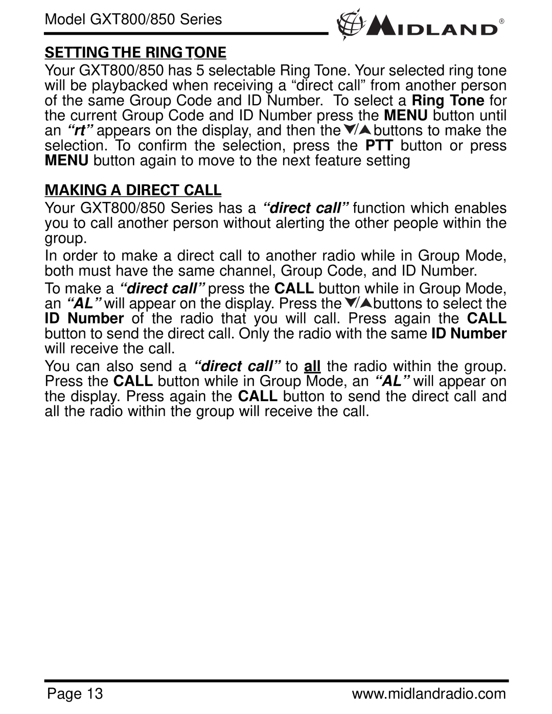 Midland Radio GXT 850 owner manual Setting the Ring Tone, Making a Direct Call 