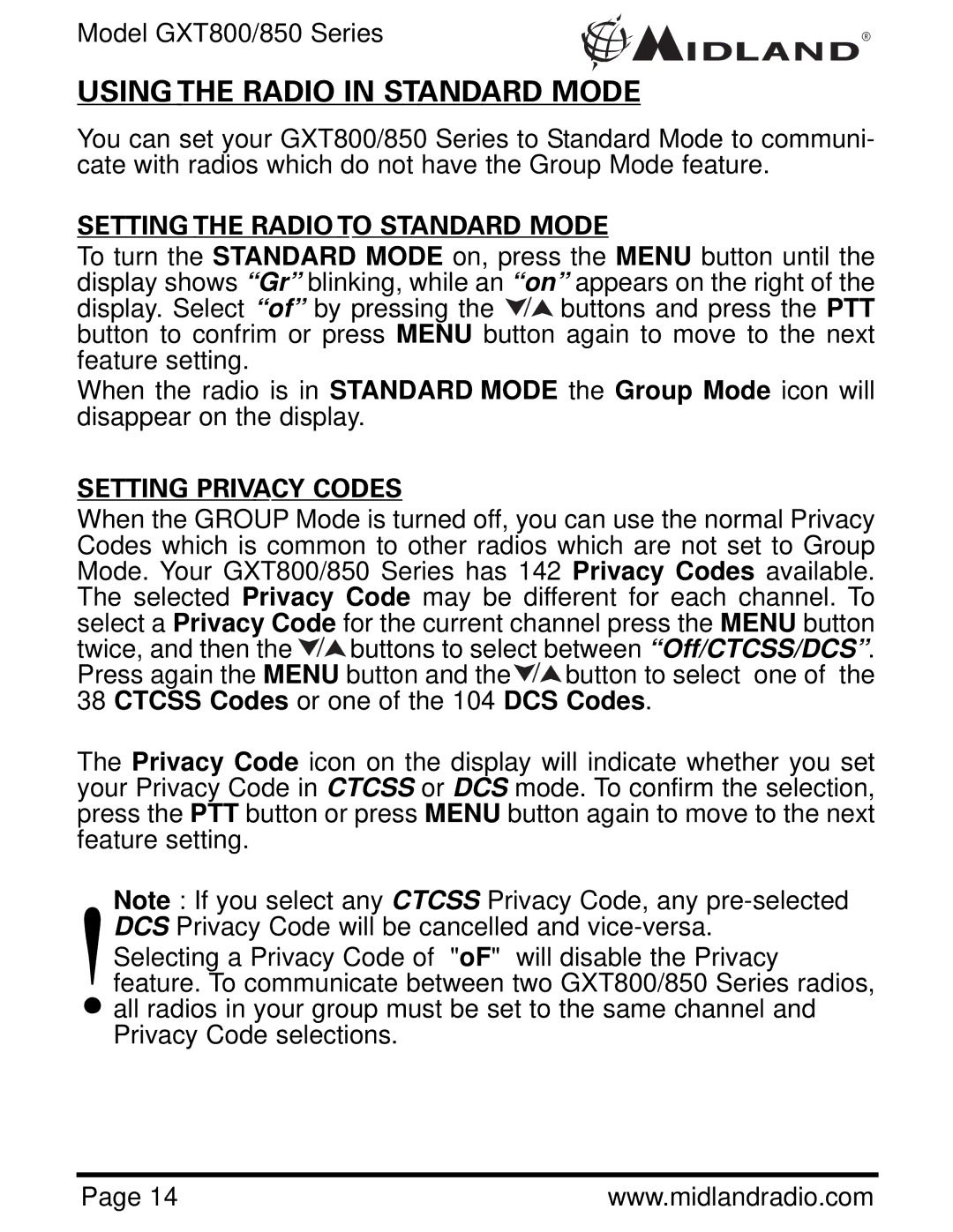 Midland Radio GXT 850 owner manual Setting the Radio to Standard Mode, Setting Privacy Codes 