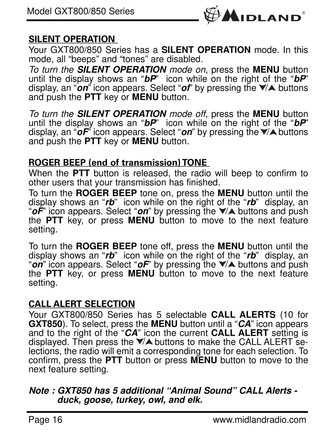 Midland Radio GXT 850 owner manual Silent Operation, Roger Beep end of transmission Tone, Call Alert Selection 