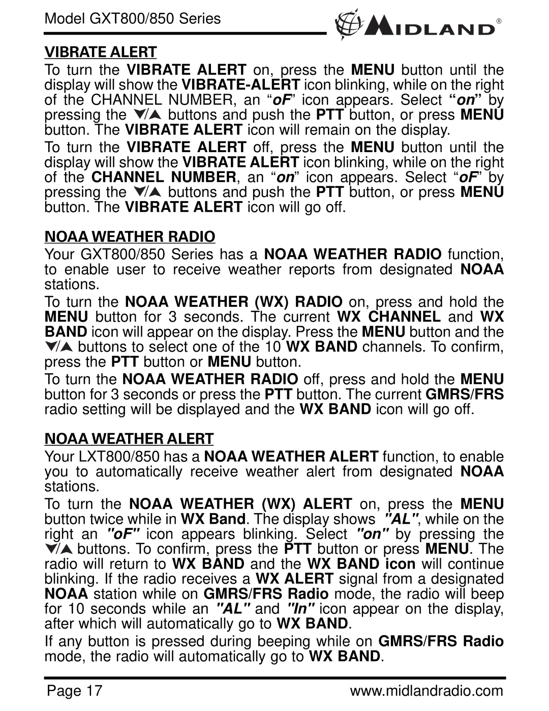 Midland Radio GXT 850 owner manual Vibrate Alert, Noaa Weather Radio, Noaa Weather Alert 