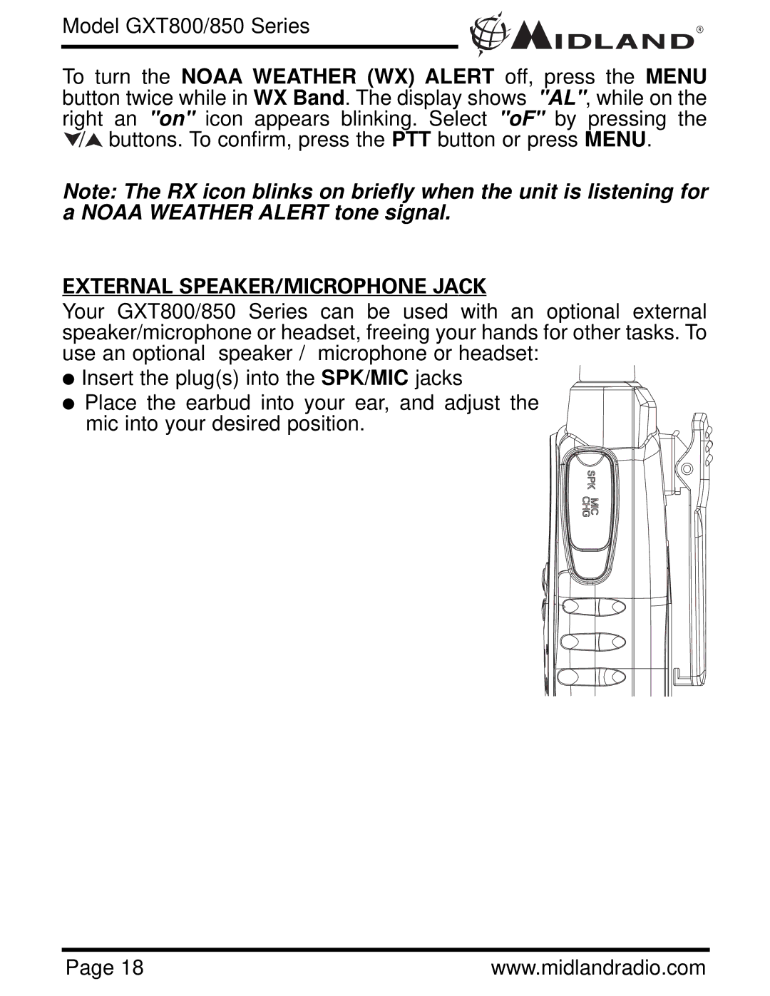 Midland Radio GXT 850 owner manual External SPEAKER/MICROPHONE Jack 