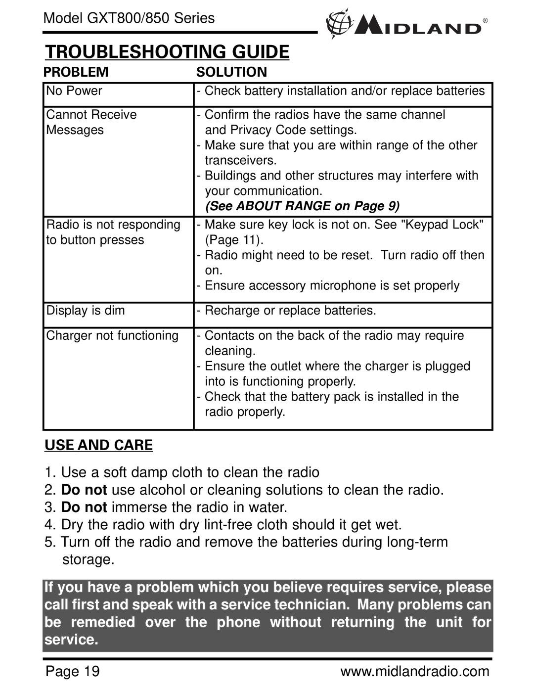 Midland Radio GXT 850 owner manual Troubleshooting Guide, USE and Care 