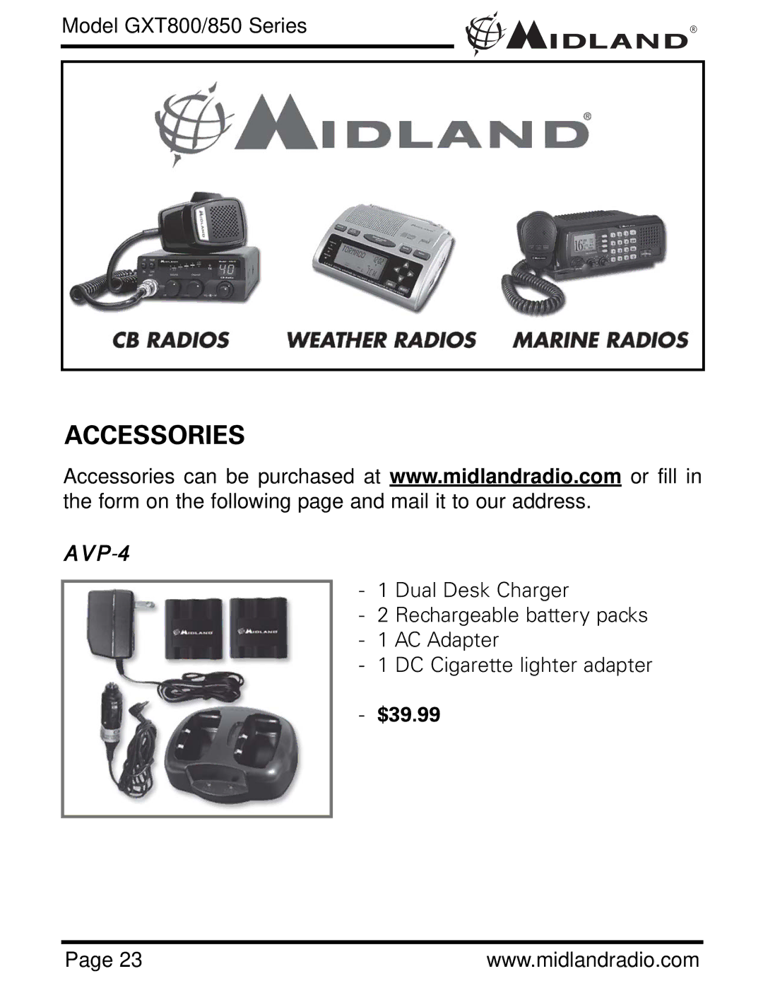 Midland Radio GXT 850 owner manual Accessories, $39.99 