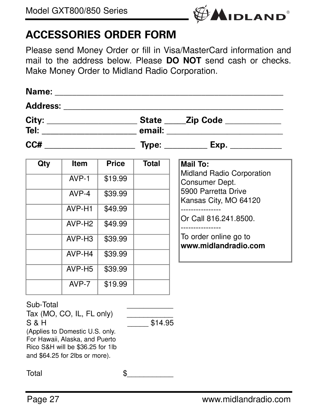 Midland Radio GXT 850 owner manual Accessories Order Form, Name Address City State Zip Code Tel email 