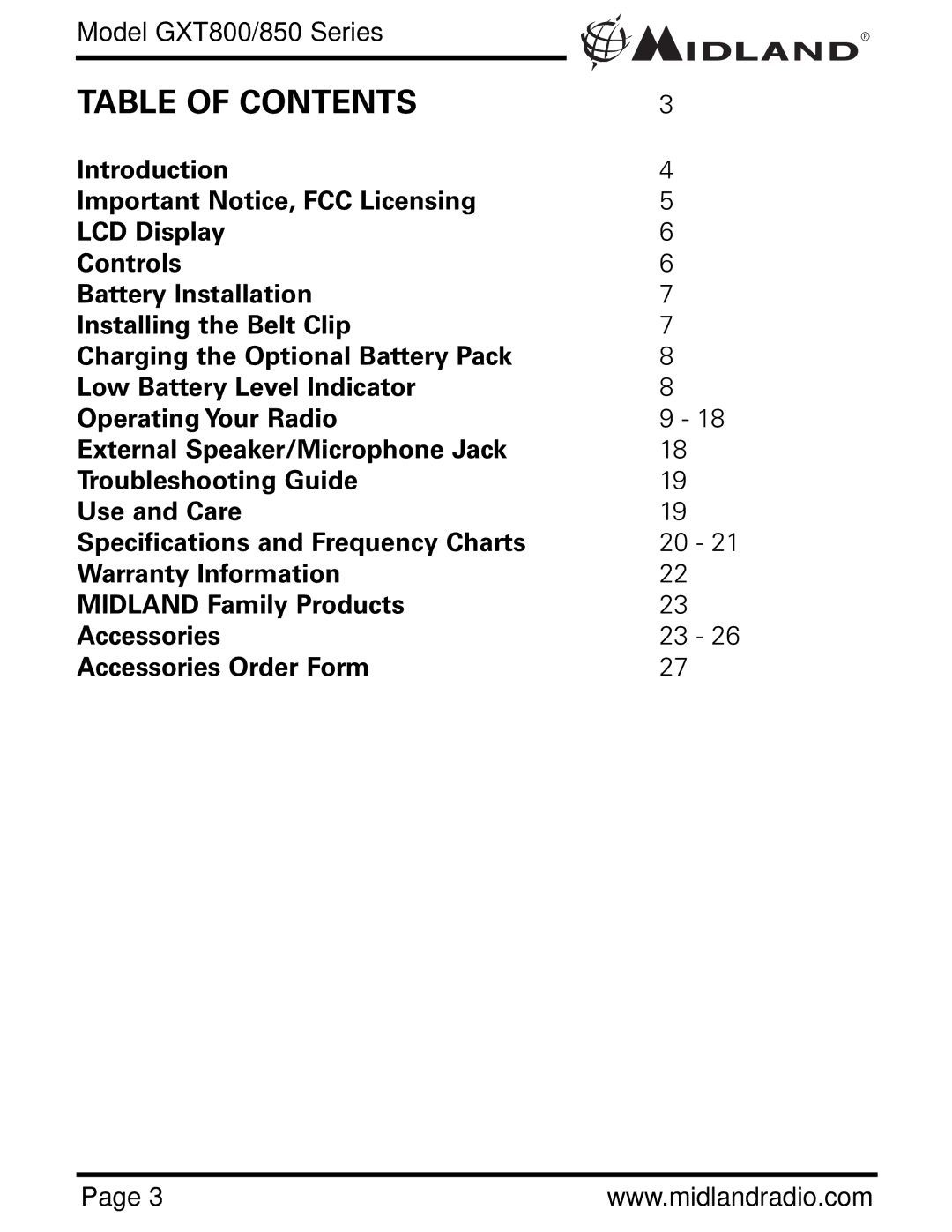 Midland Radio GXT 850 owner manual Table of Contents 