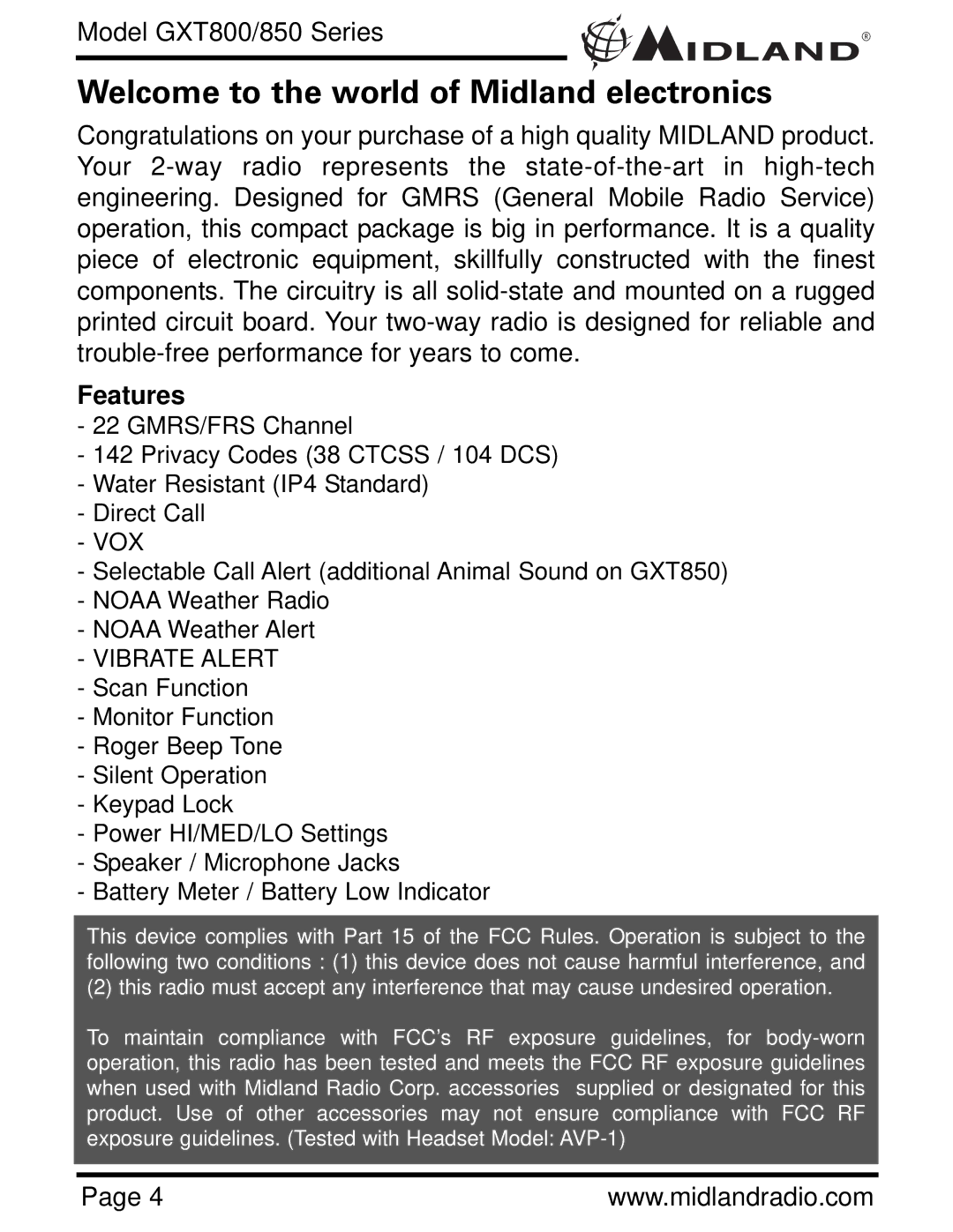 Midland Radio GXT 850 owner manual Welcome to the world of Midland electronics, Features 