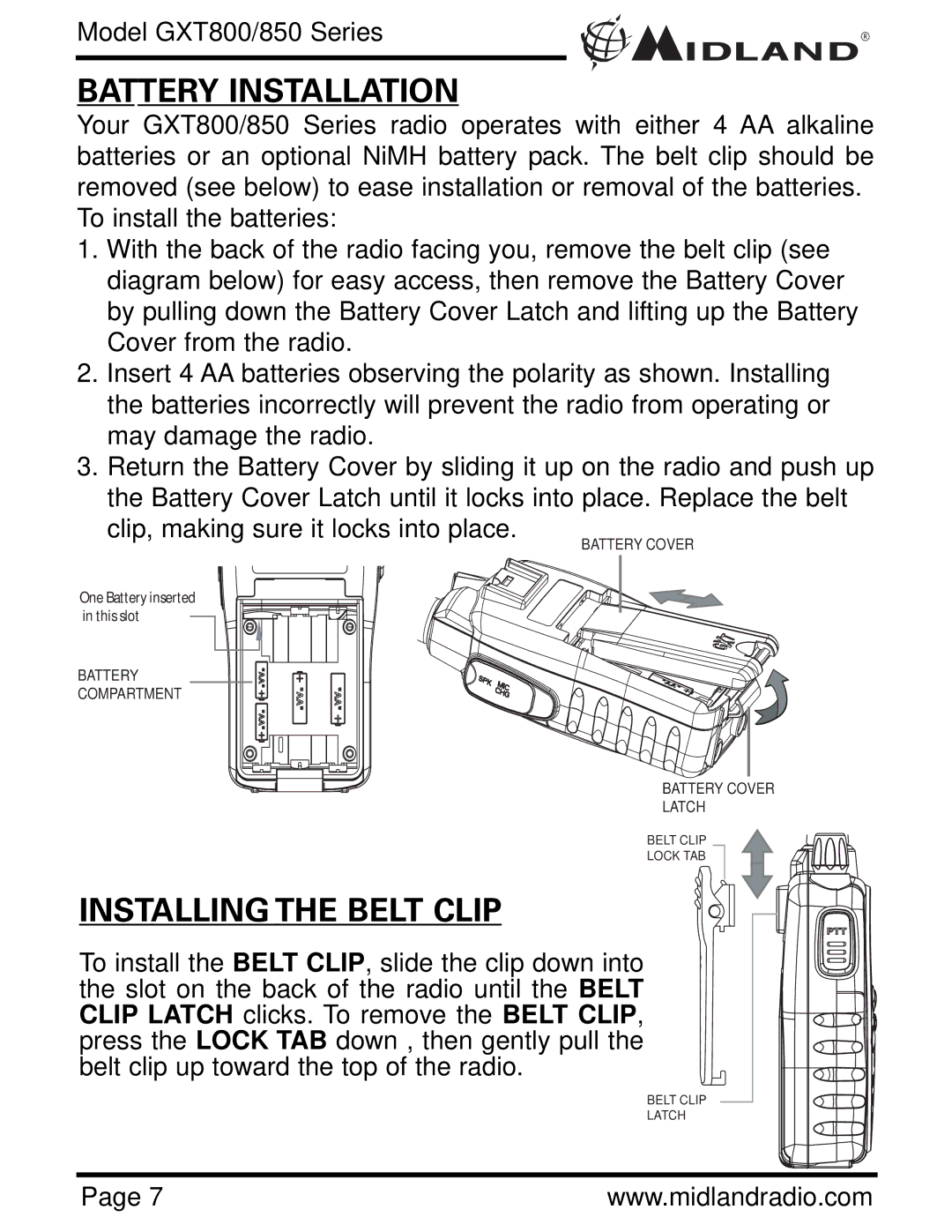 Midland Radio GXT 850 owner manual Battery Installation, Installing the Belt Clip 