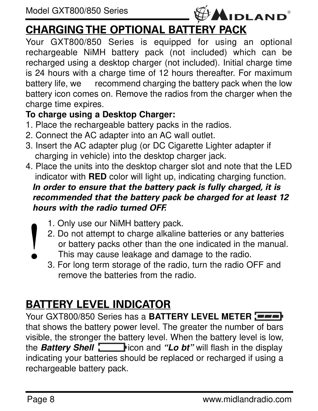 Midland Radio GXT 850 Charging the Optional Battery Pack, Battery Level Indicator, To charge using a Desktop Charger 