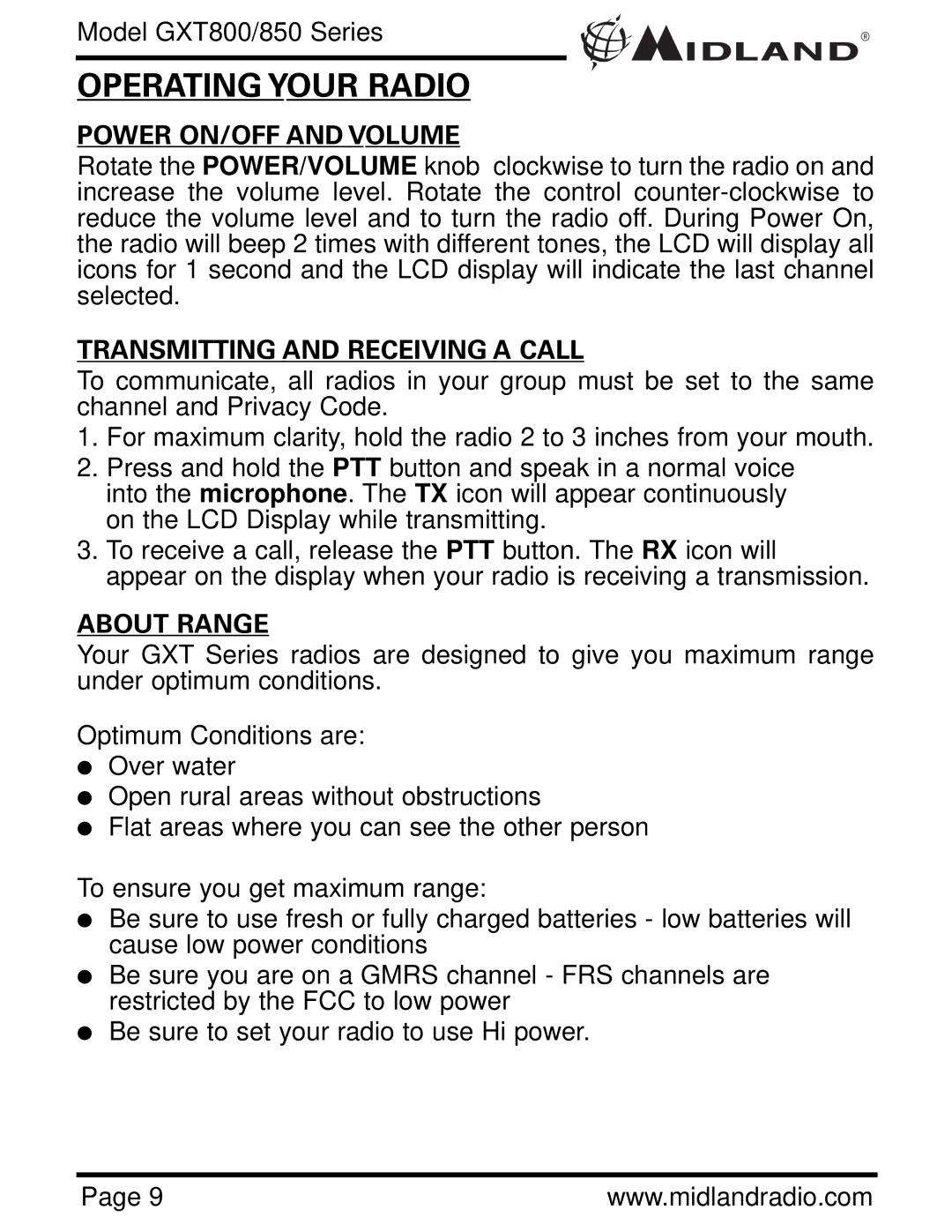 Midland Radio GXT 850 Operating Your Radio, Power ON/OFF and Volume, Transmitting and Receiving a Call, About Range 