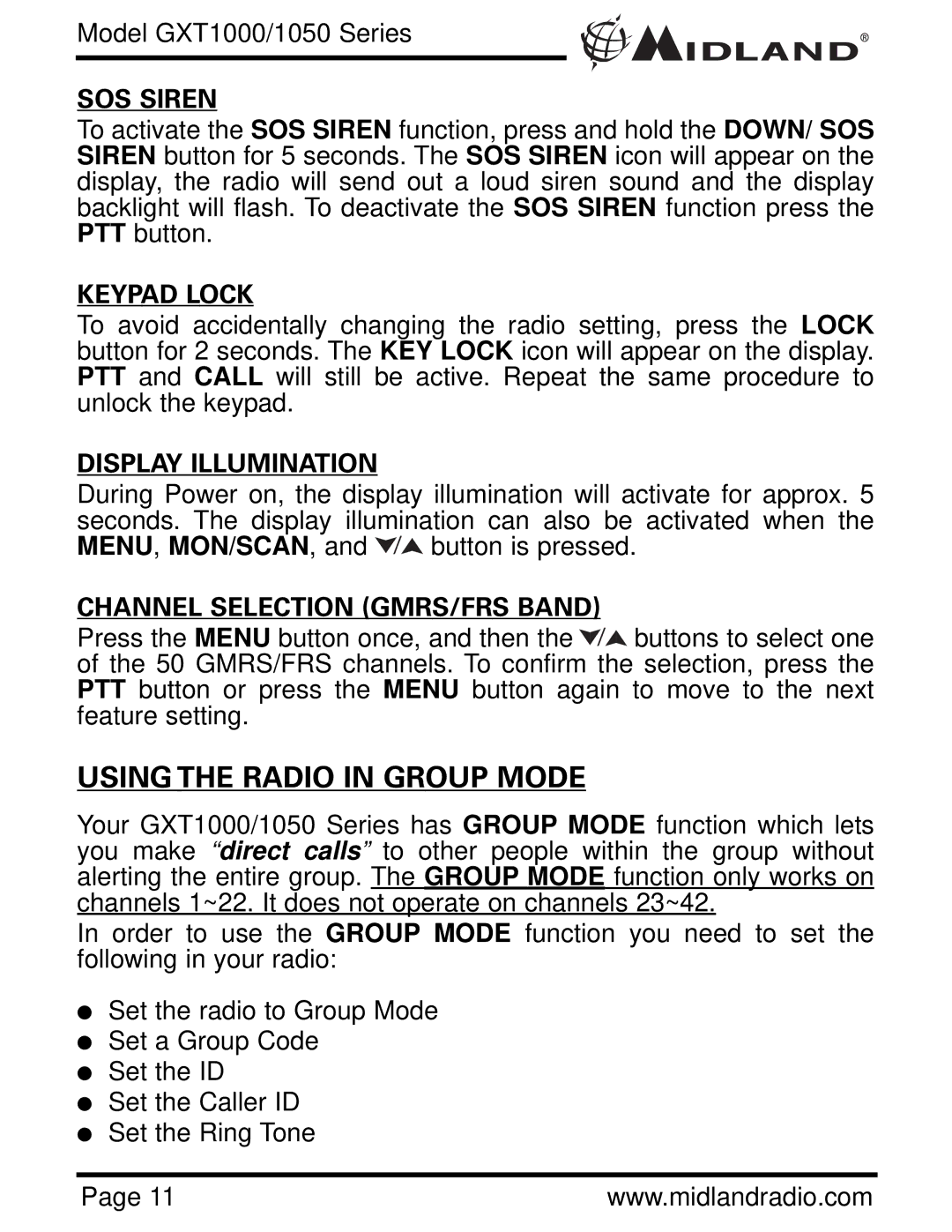 Midland Radio GXT1000 Series, GXT1050 Series SOS Siren, Keypad Lock, Display Illumination, Channel Selection GMRS/FRS Band 