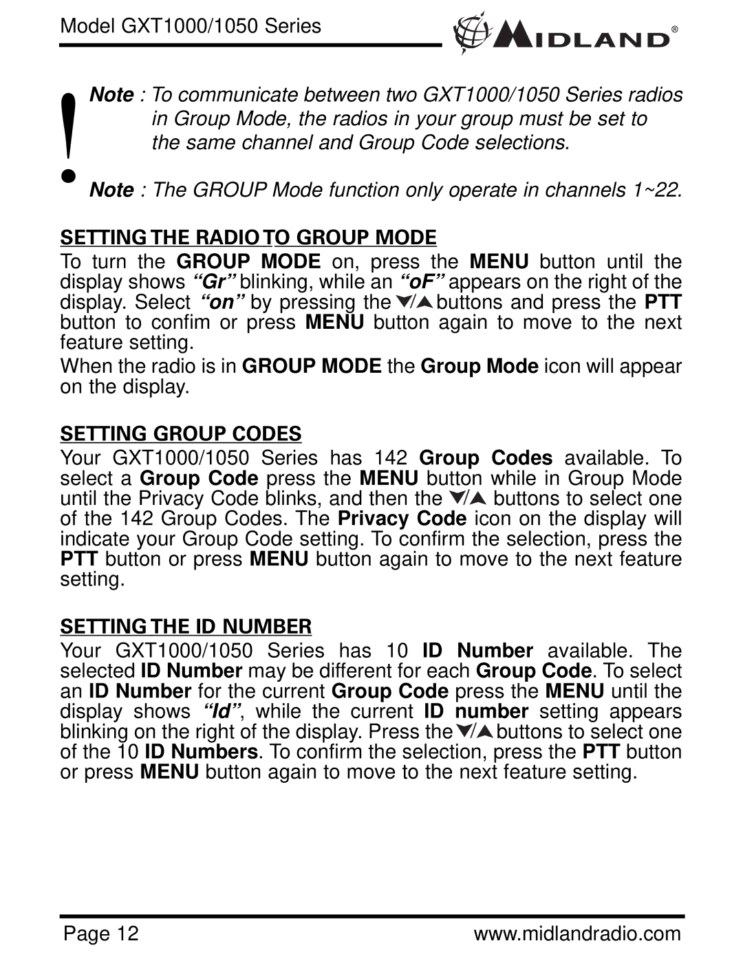 Midland Radio GXT1050 Series, GXT1000 Series Setting the Radio to Group Mode, Setting Group Codes, Setting the ID Number 