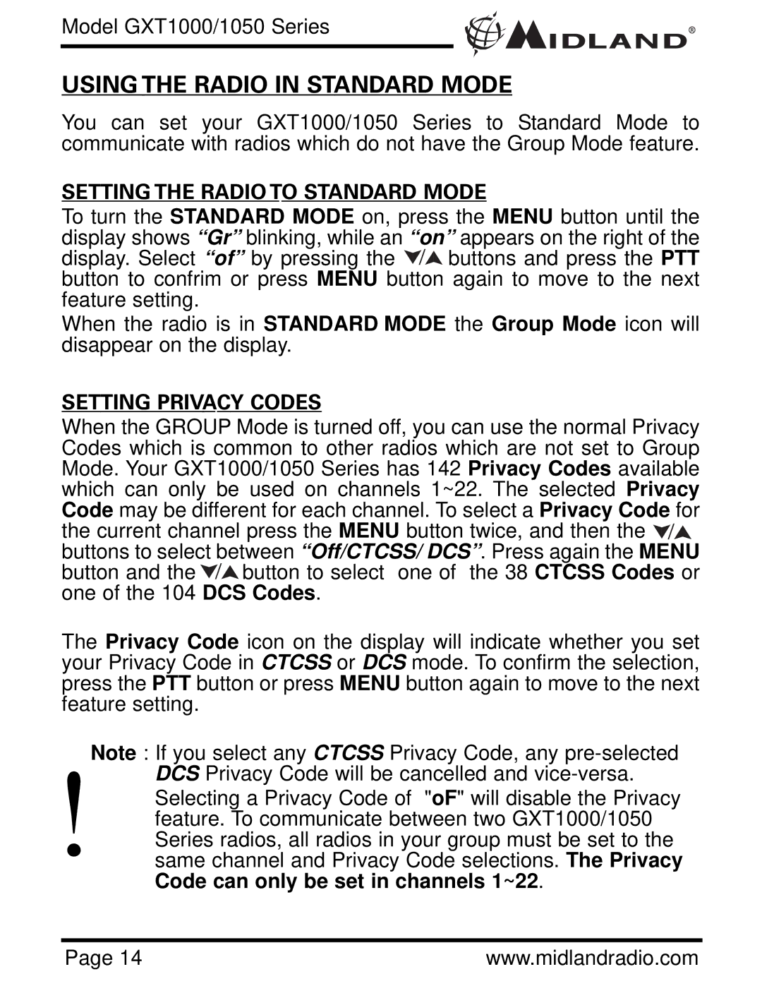 Midland Radio GXT1050 Series, GXT1000 Series owner manual Setting the Radio to Standard Mode, Setting Privacy Codes 