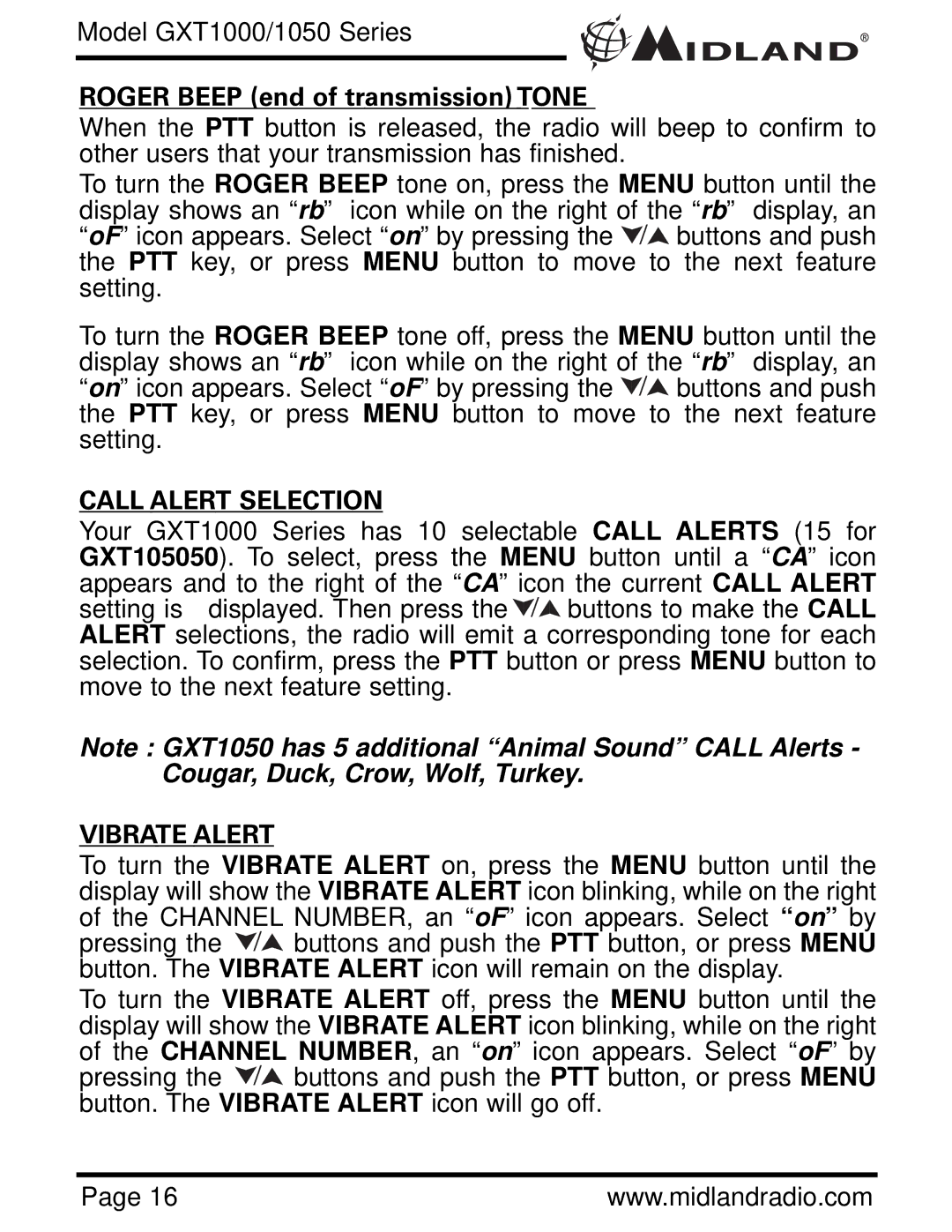 Midland Radio GXT1050 Series, GXT1000 Series Roger Beep end of transmission Tone, Call Alert Selection, Vibrate Alert 