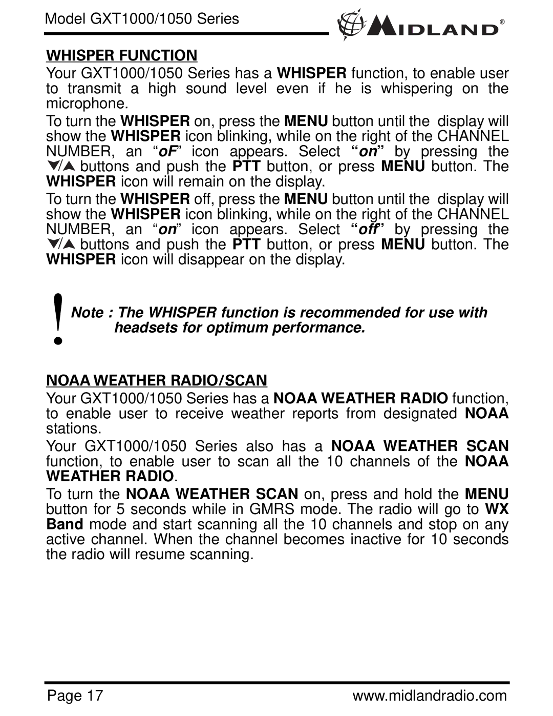 Midland Radio GXT1000 Series, GXT1050 Series owner manual Whisper Function, Noaa Weather RADIO/SCAN 