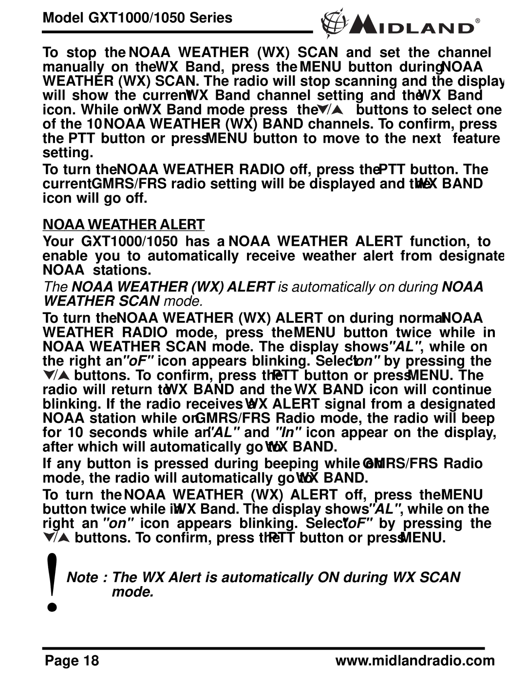 Midland Radio GXT1050 Series, GXT1000 Series owner manual Noaa Weather Alert 