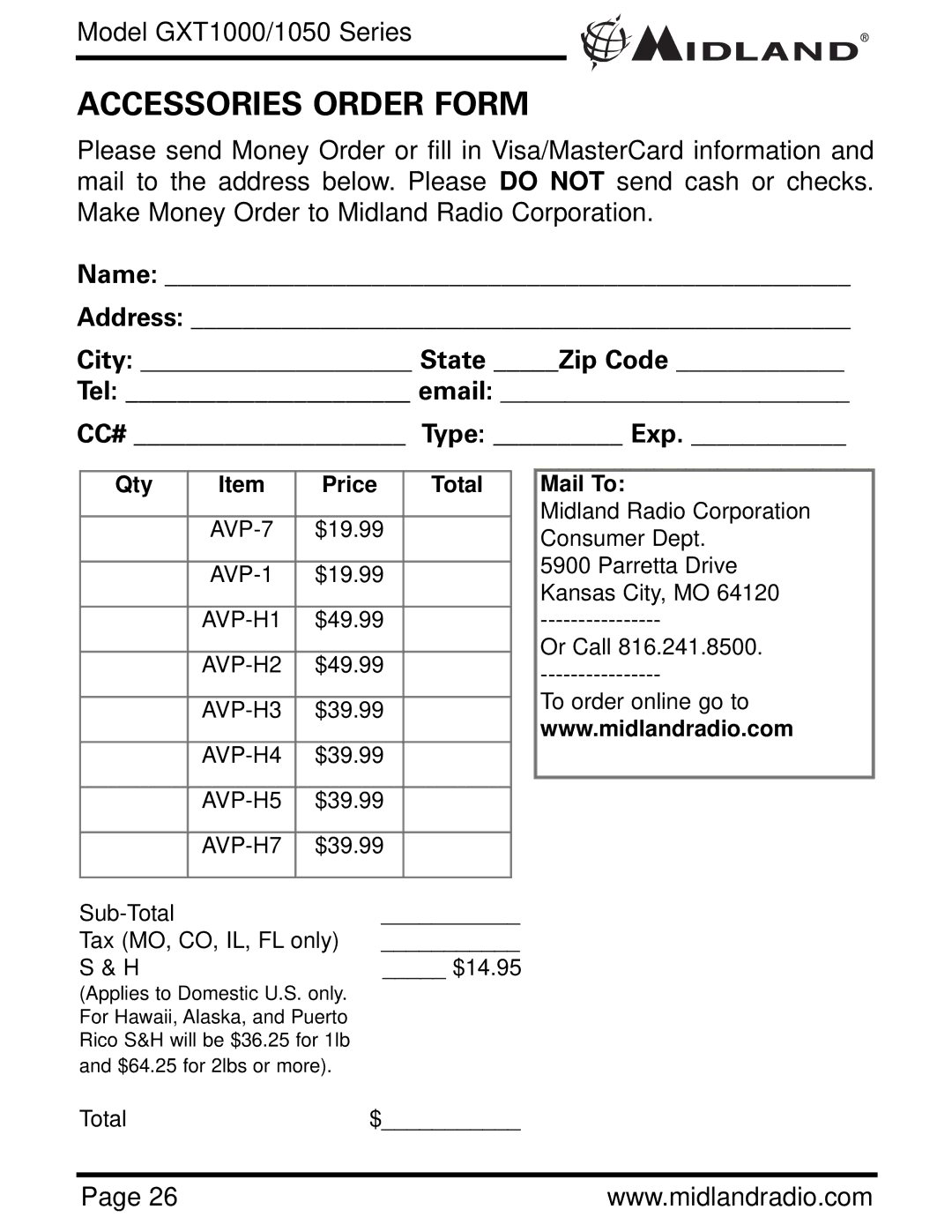 Midland Radio GXT1050 Series, GXT1000 Series owner manual Accessories Order Form, Name Address City State Zip Code Tel email 