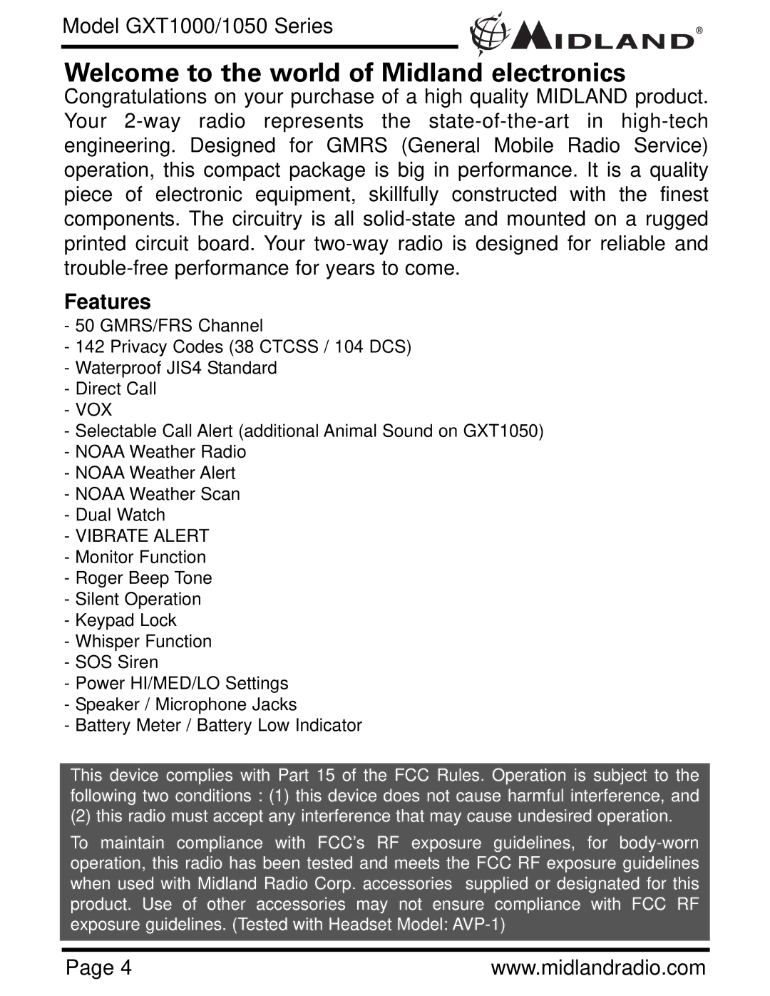 Midland Radio GXT1050 Series, GXT1000 Series owner manual Welcome to the world of Midland electronics, Features 