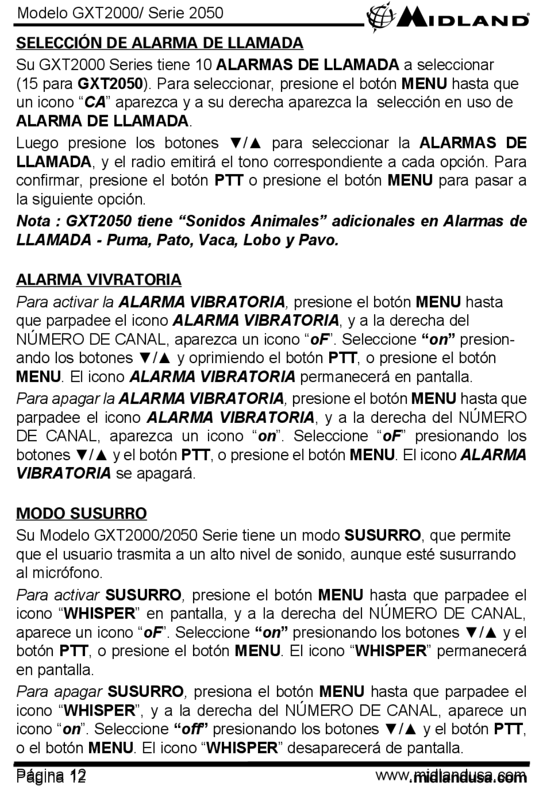 Midland Radio GXT2000, GXT2050 manual Selección DE Alarma DE Llamada, Alarma Vivratoria, Modo Susurro, Página 