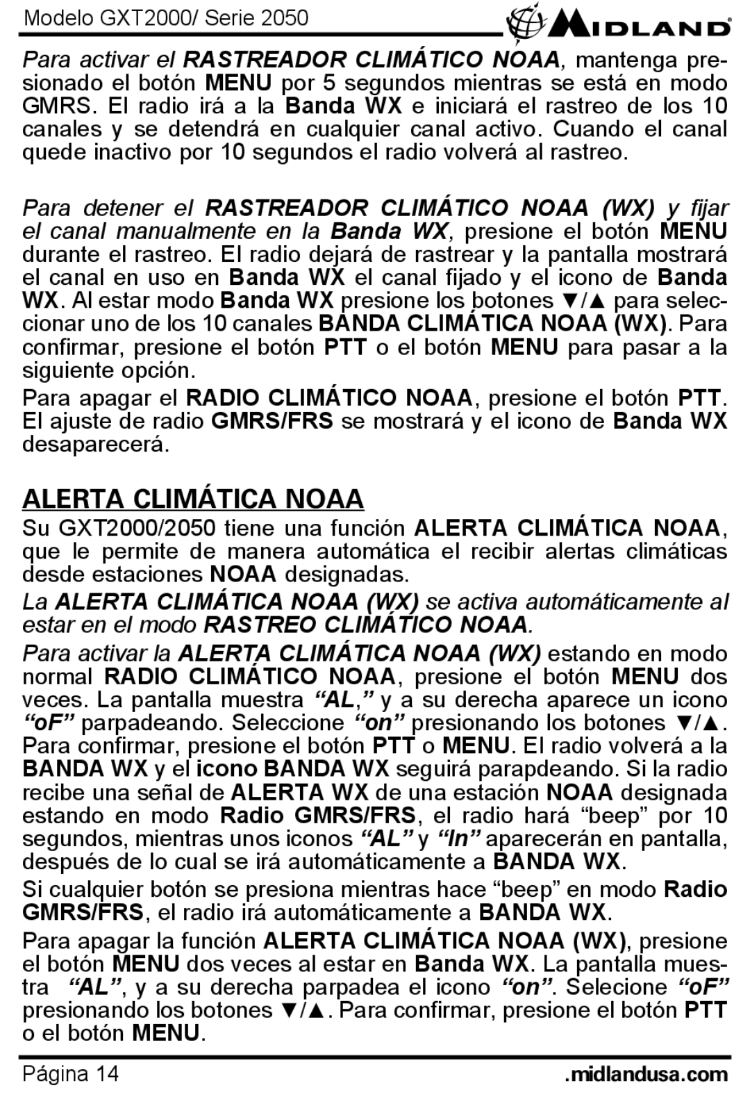 Midland Radio GXT2000, GXT2050 manual Alerta Climática Noaa 