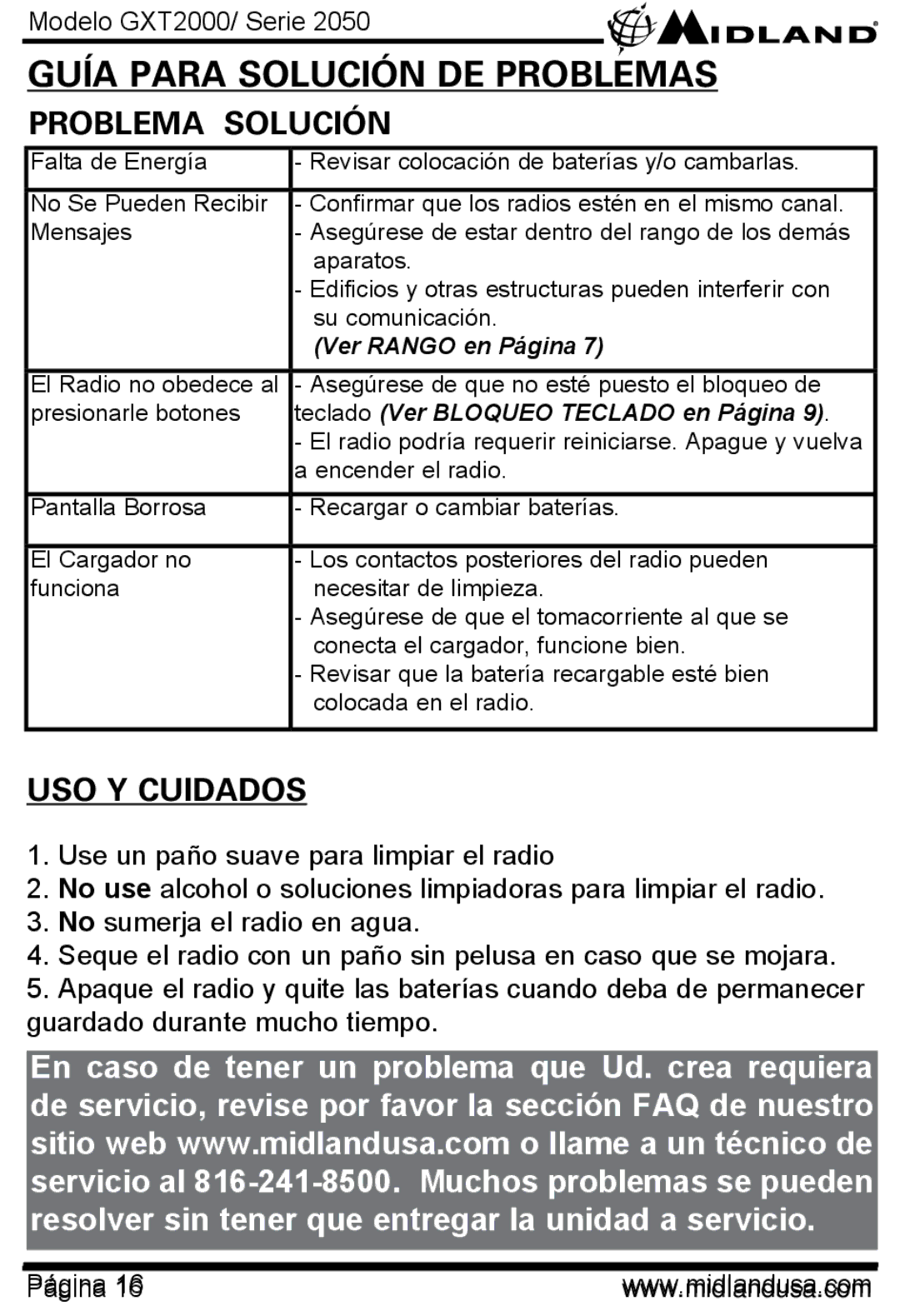 Midland Radio GXT2000, GXT2050 manual Guía Para Solución DE Problemas Problema Solución, USO Y Cuidados 