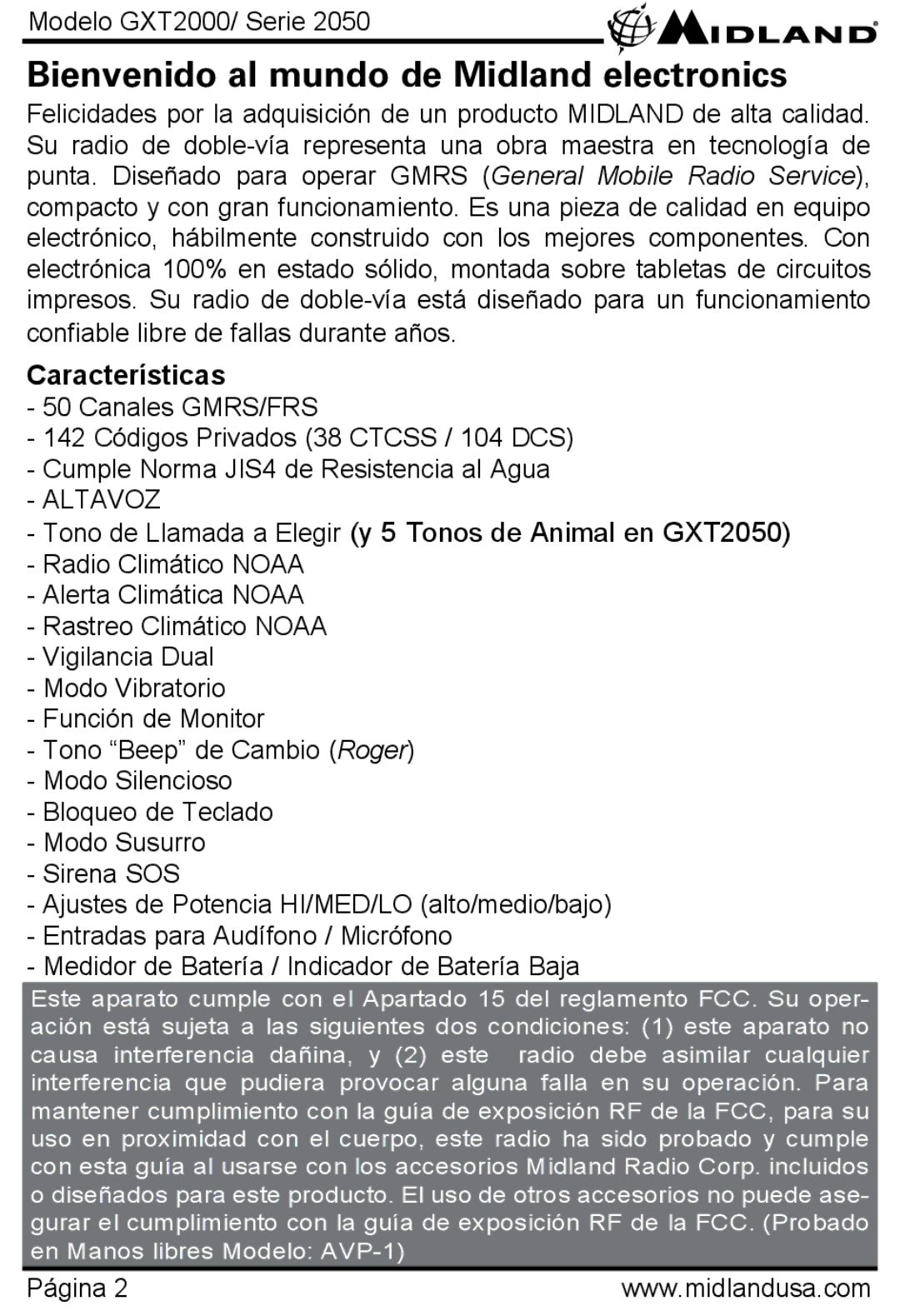 Midland Radio GXT2000, GXT2050 manual Bienvenido al mundo de Midland electronics, Características 