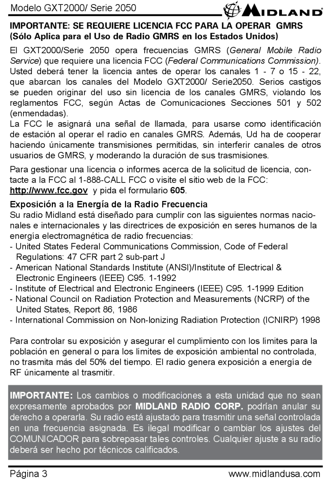 Midland Radio GXT2050, GXT2000 manual Exposición a la Energía de la Radio Frecuencia 