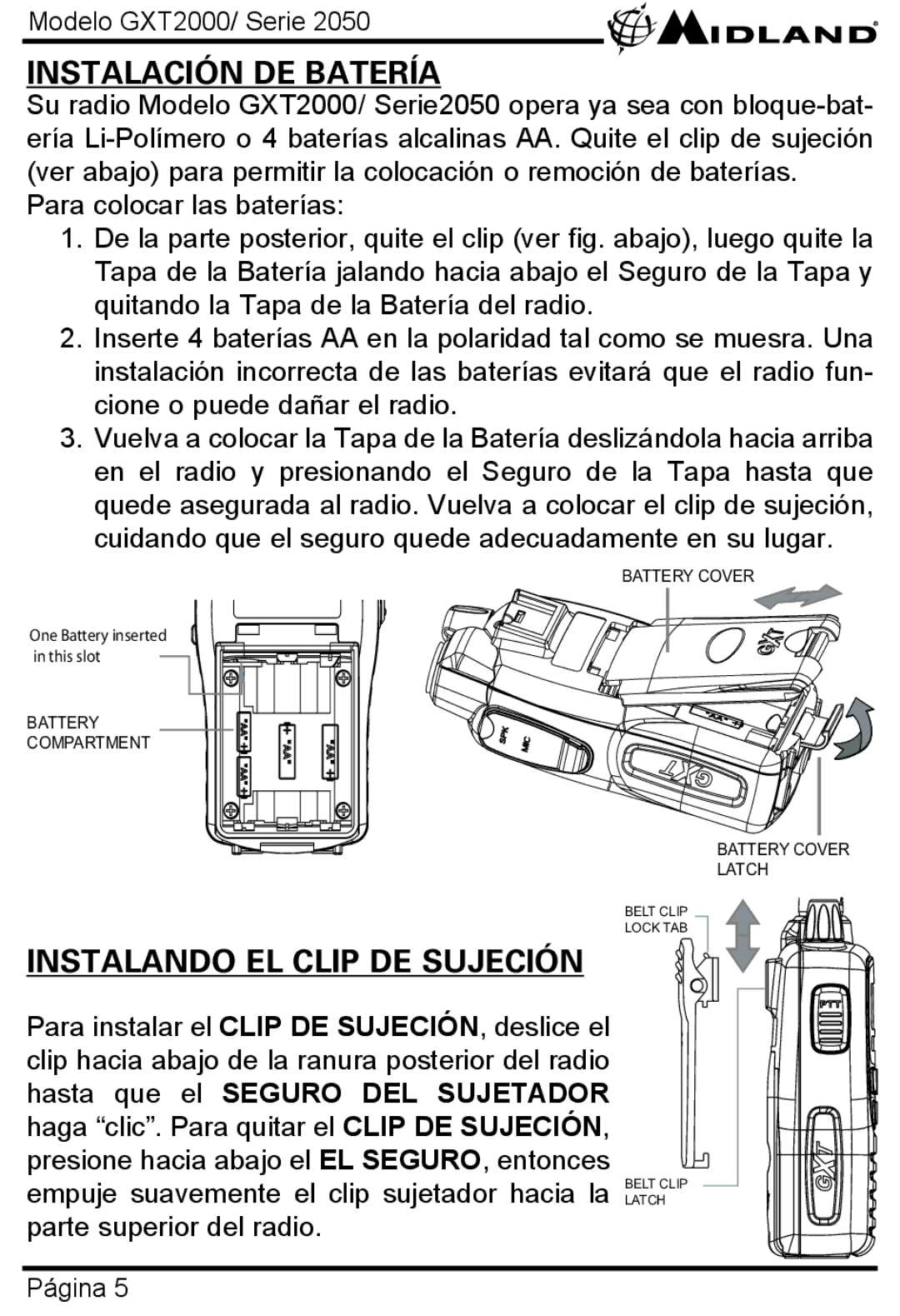 Midland Radio GXT2050, GXT2000 manual Instalación DE Batería, Instalando EL Clip DE Sujeción 