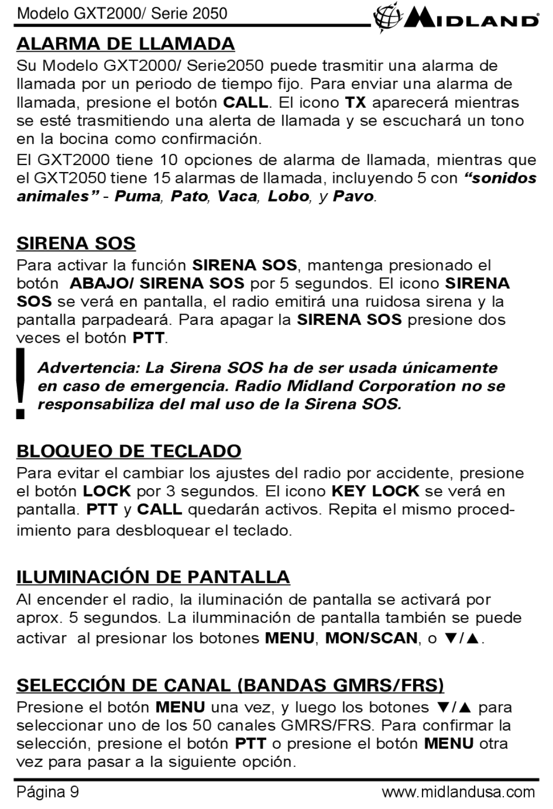 Midland Radio GXT2050, GXT2000 manual Alarma DE Llamada, Sirena SOS, Bloqueo DE Teclado, Iluminación DE Pantalla 