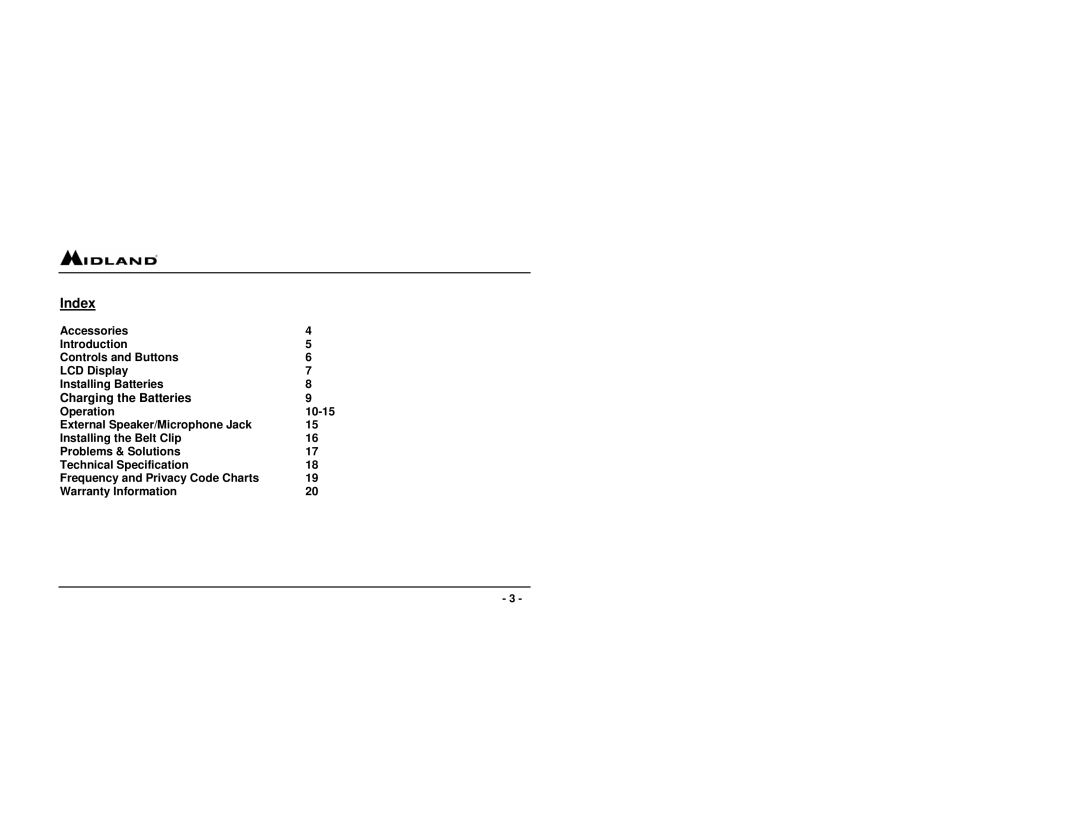 Midland Radio GXT255 owner manual Index, Charging the Batteries 