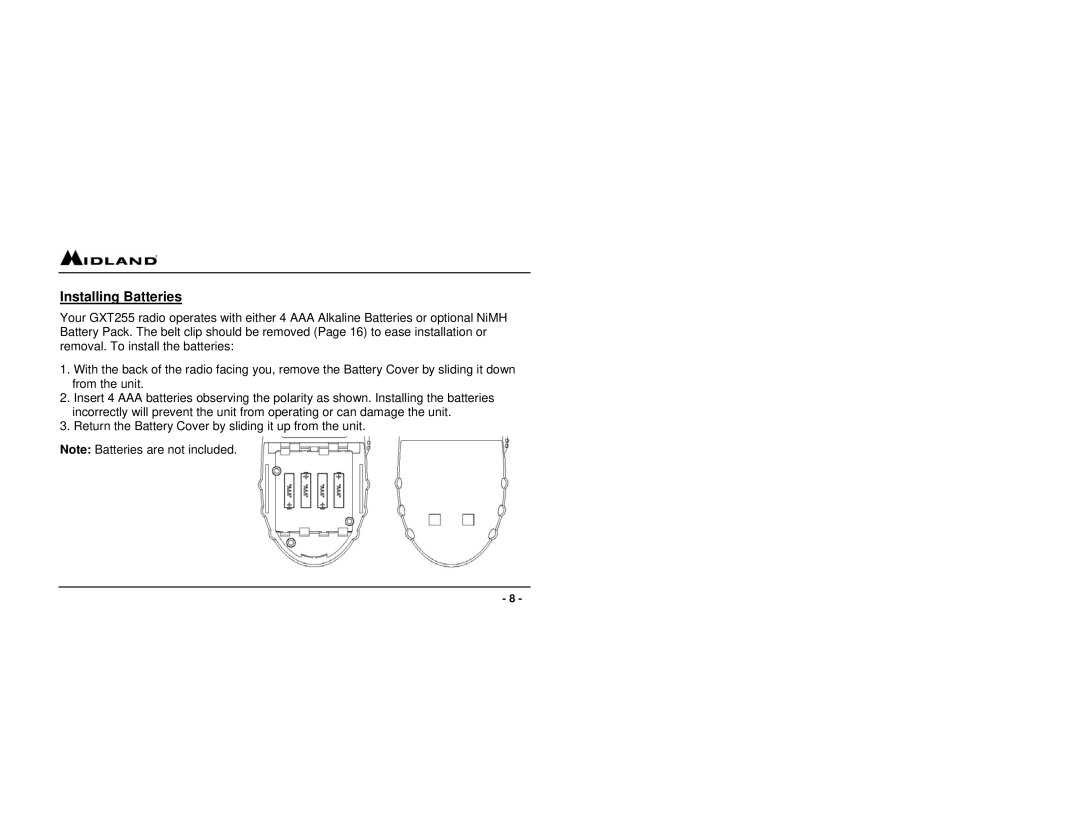 Midland Radio GXT255 owner manual Installing Batteries 