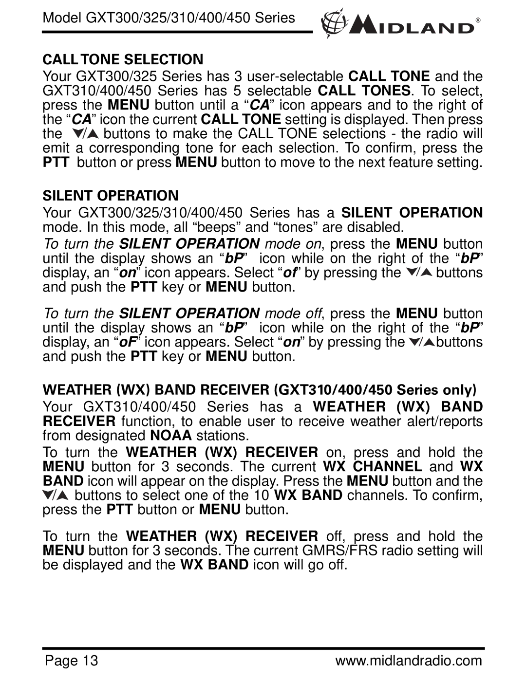 Midland Radio GXT300 Call Tone Selection, Silent Operation, Weather WX Band Receiver GXT310/400/450 Series only 