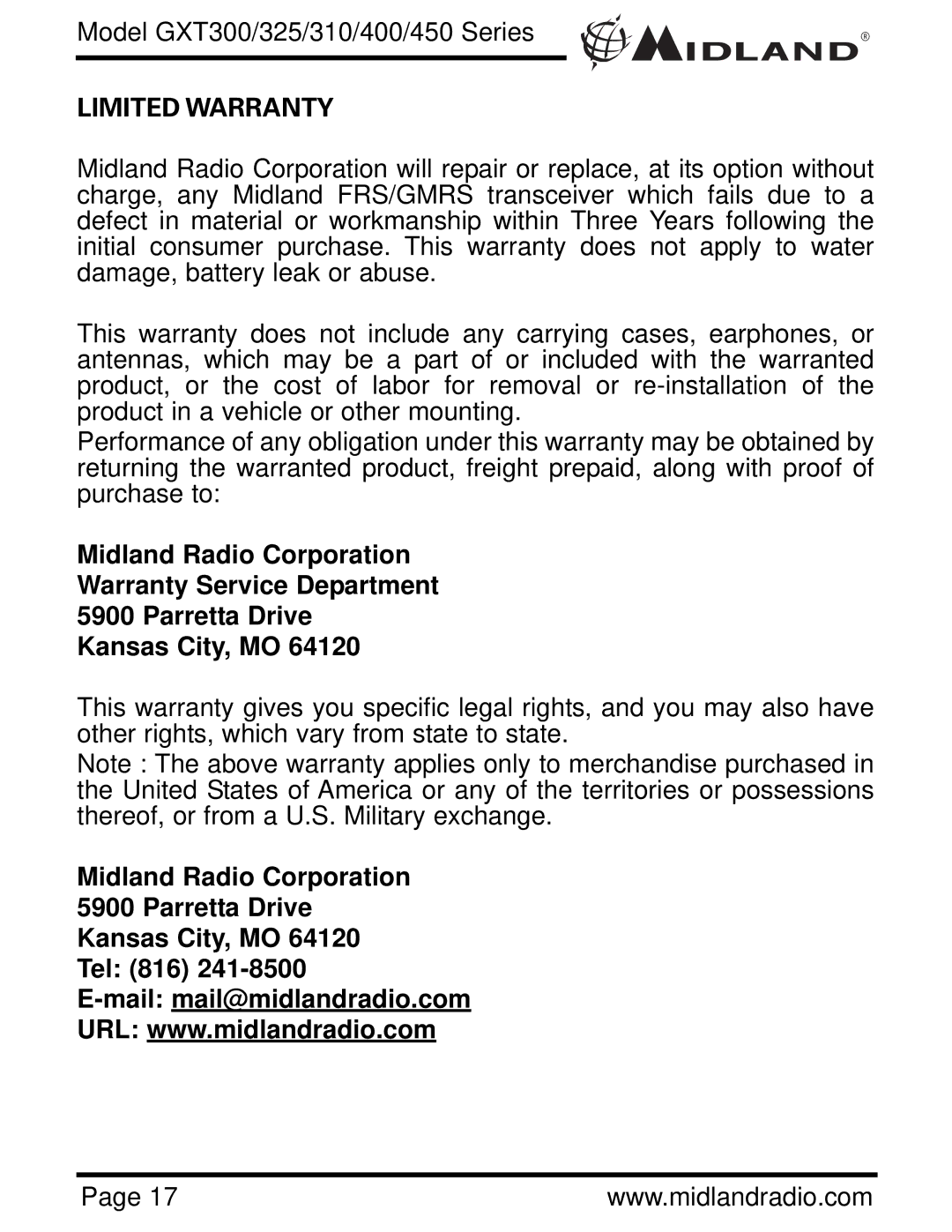 Midland Radio GXT300 owner manual Limited Warranty 