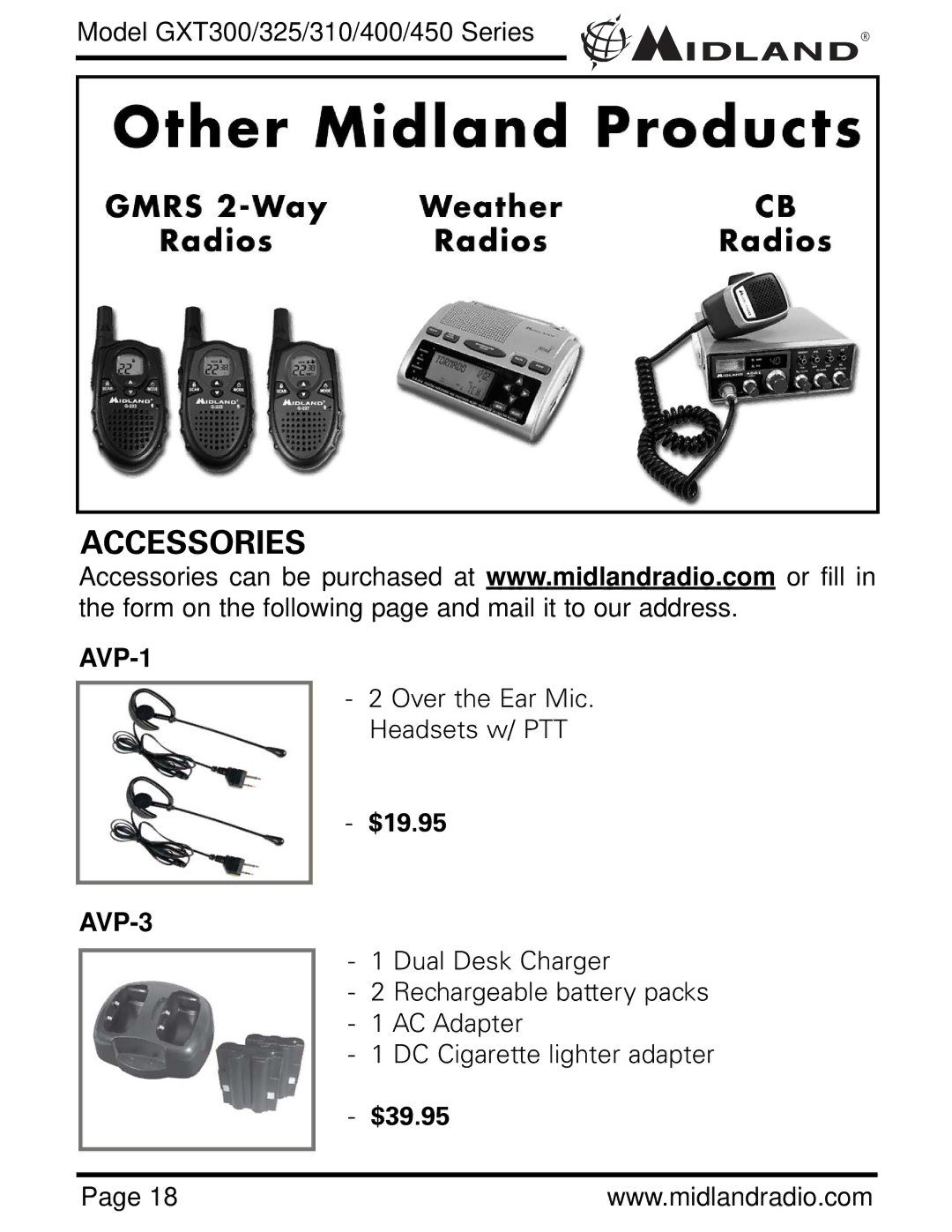 Midland Radio GXT300 owner manual Accessories, AVP-1, $19.95, AVP-3, $39.95 