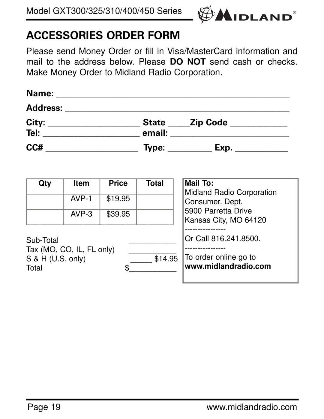 Midland Radio GXT300 owner manual Accessories Order Form, Name Address City State Zip Code Tel email 