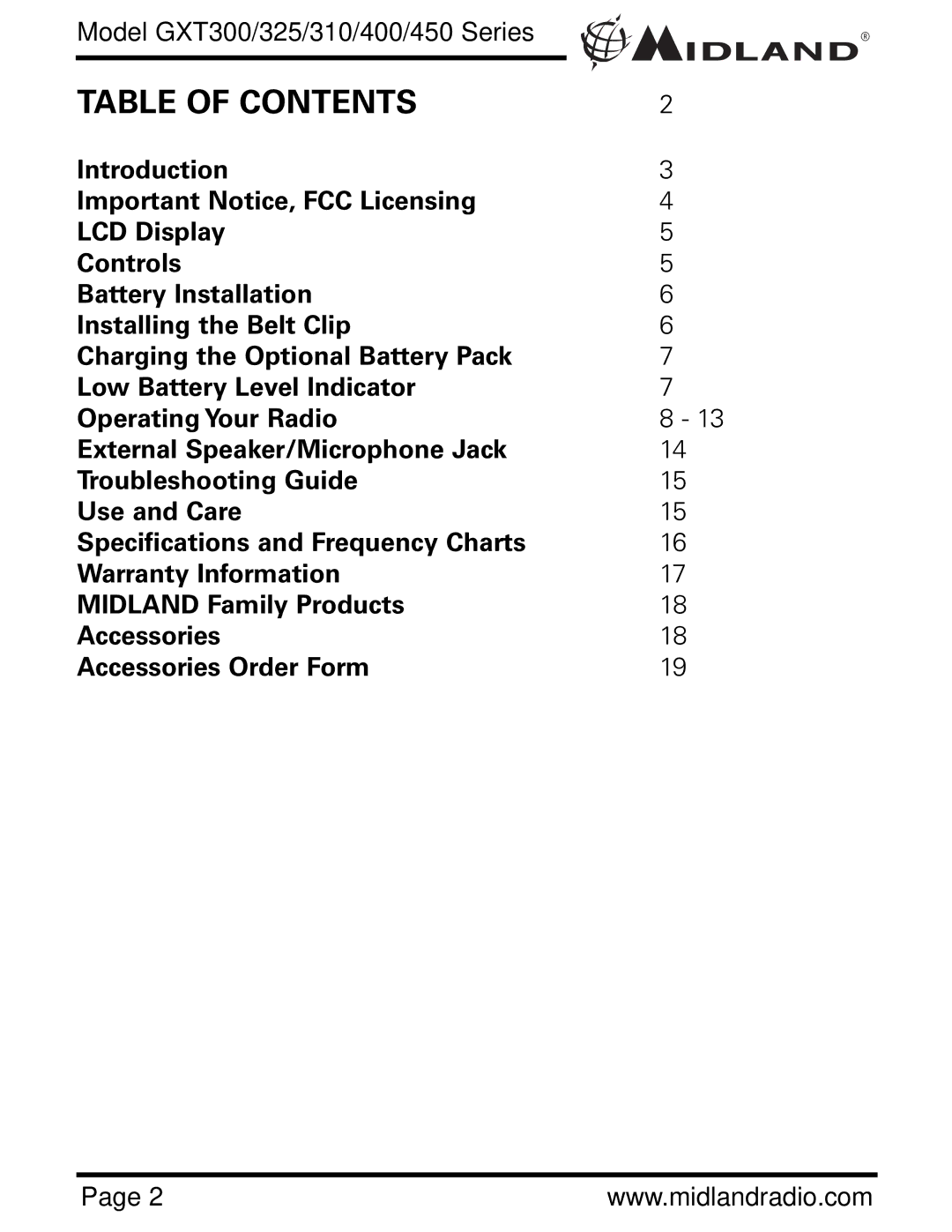 Midland Radio GXT300 owner manual Table of Contents 