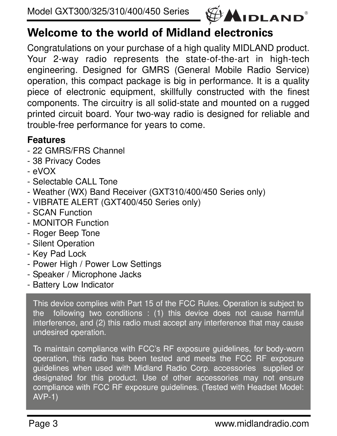 Midland Radio GXT300 owner manual Welcome to the world of Midland electronics, Features 