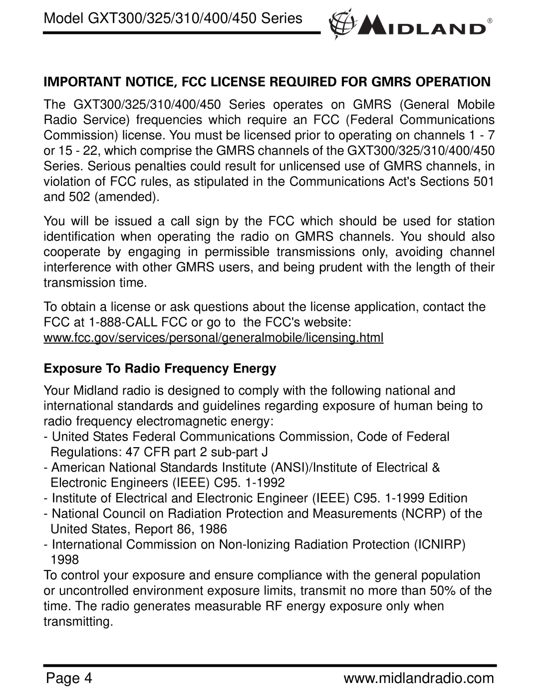 Midland Radio GXT300 owner manual Important NOTICE, FCC License Required for Gmrs Operation 