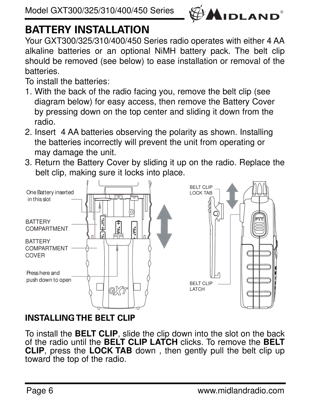 Midland Radio GXT300 owner manual Battery Installation, Installing the Belt Clip 