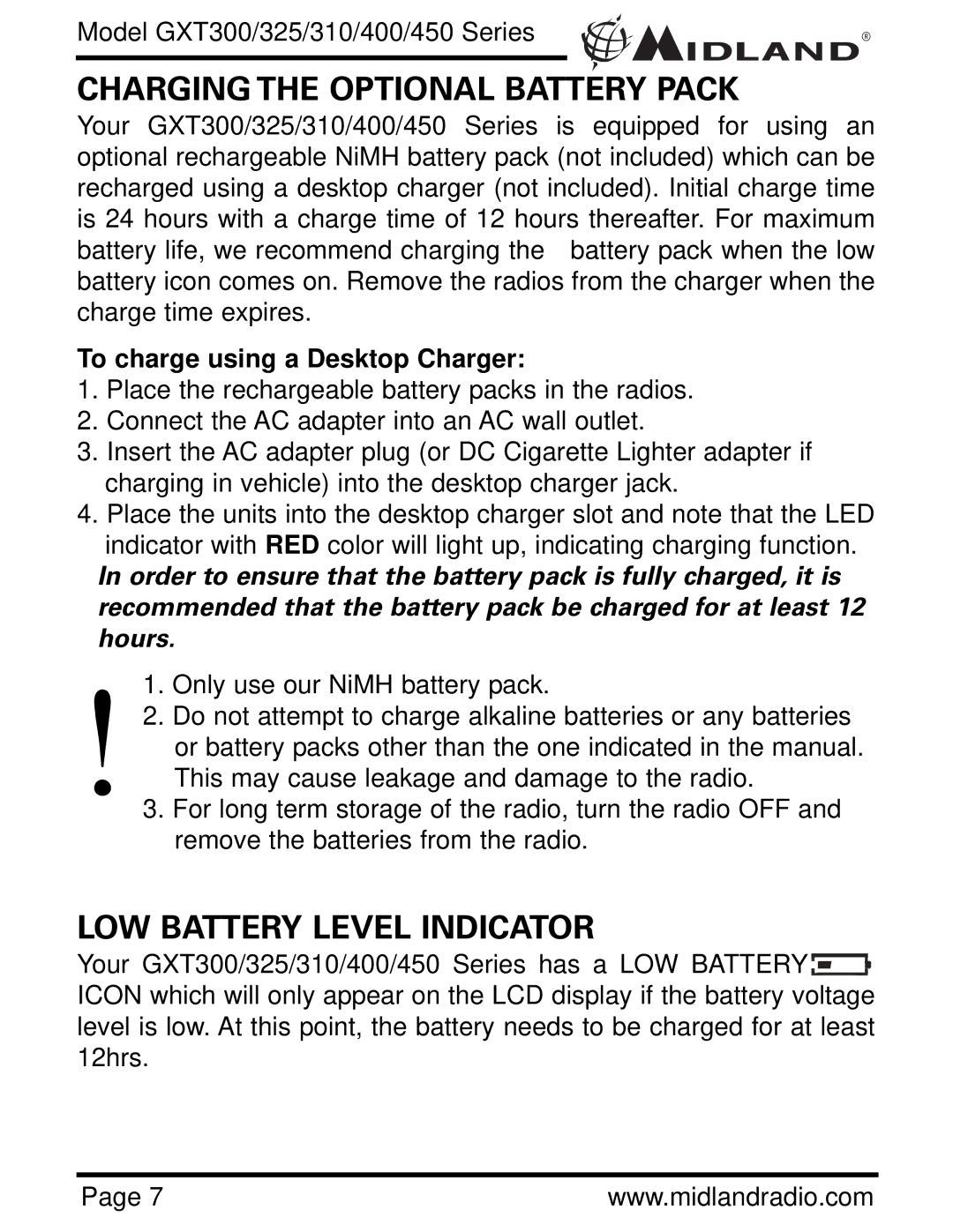 Midland Radio GXT300 Charging the Optional Battery Pack, LOW Battery Level Indicator, To charge using a Desktop Charger 