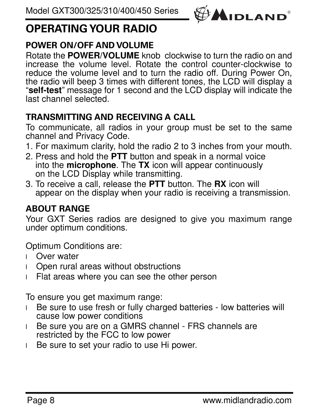 Midland Radio GXT300 Operating Your Radio, Power ON/OFF and Volume, Transmitting and Receiving a Call, About Range 