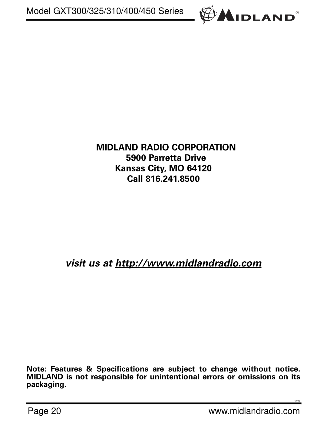 Midland Radio GXT450, GXT400, GXT310, GXT325 owner manual Midland Radio Corporation, Parretta Drive Kansas City, MO Call 