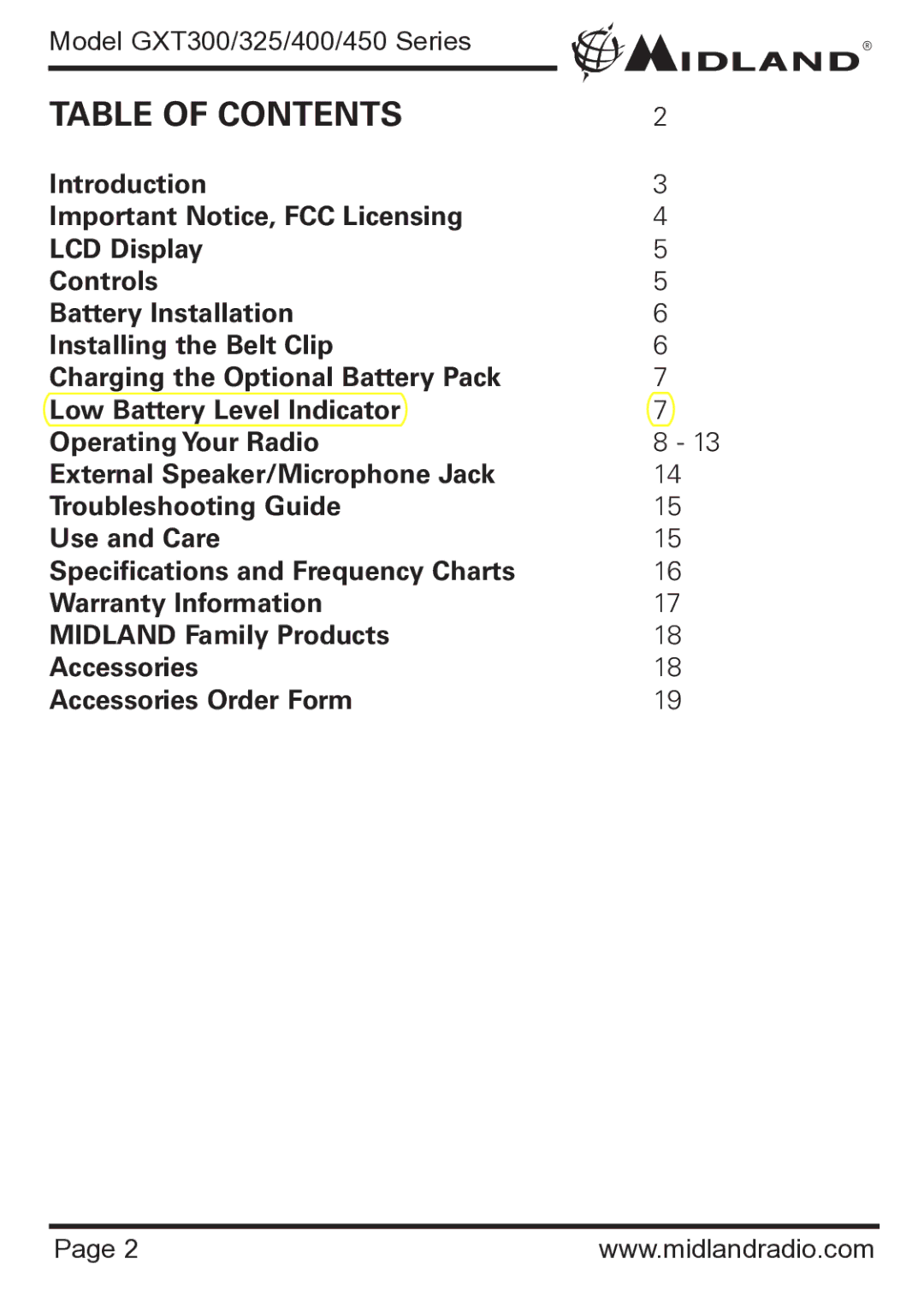 Midland Radio GXT400 Series, GXT450 Series, GXT300 Series, GXT325 Series specifications Table of Contents 