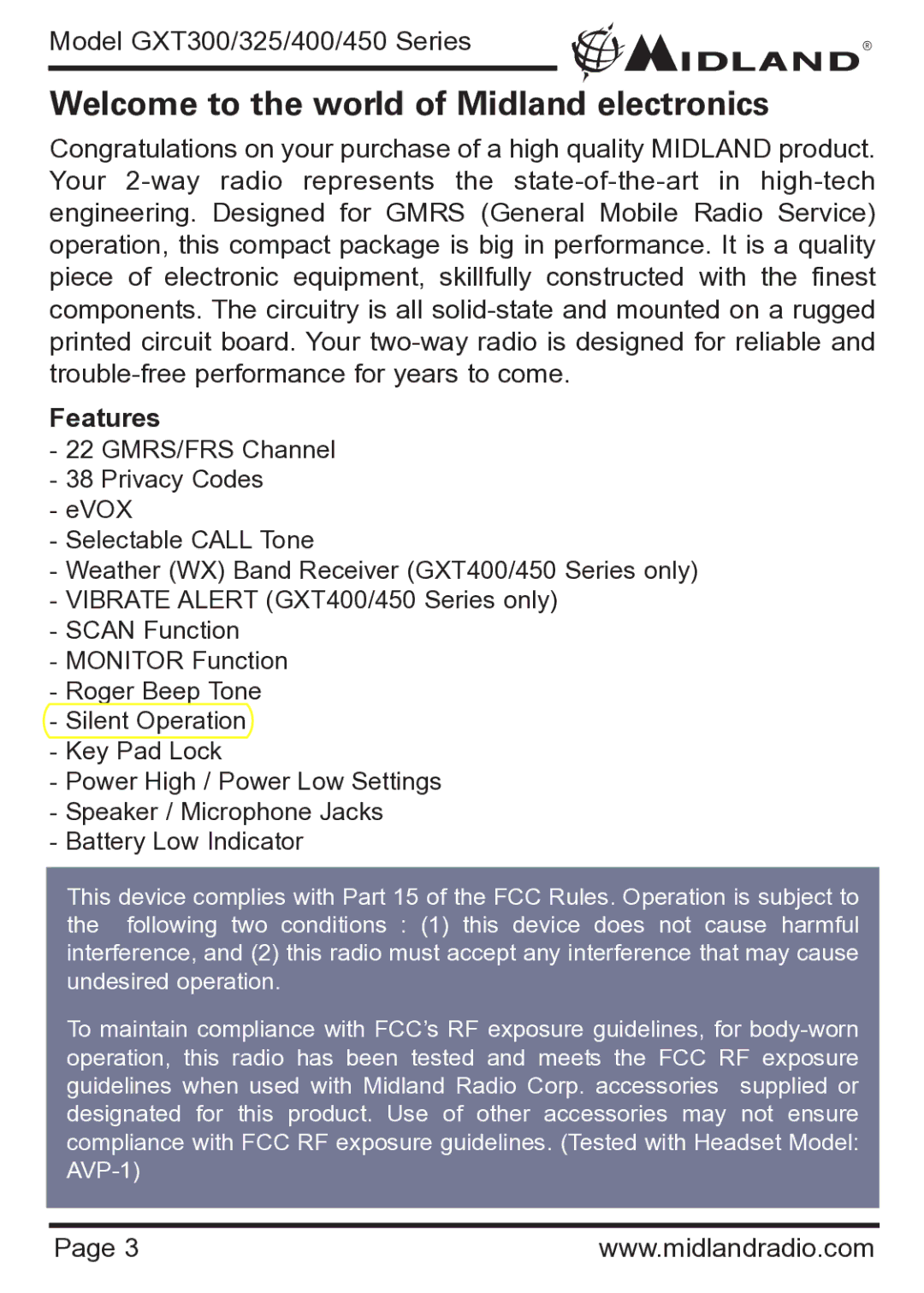 Midland Radio GXT300 Series, GXT450 Series, GXT400 Series Welcome to the world of Midland electronics, Features 