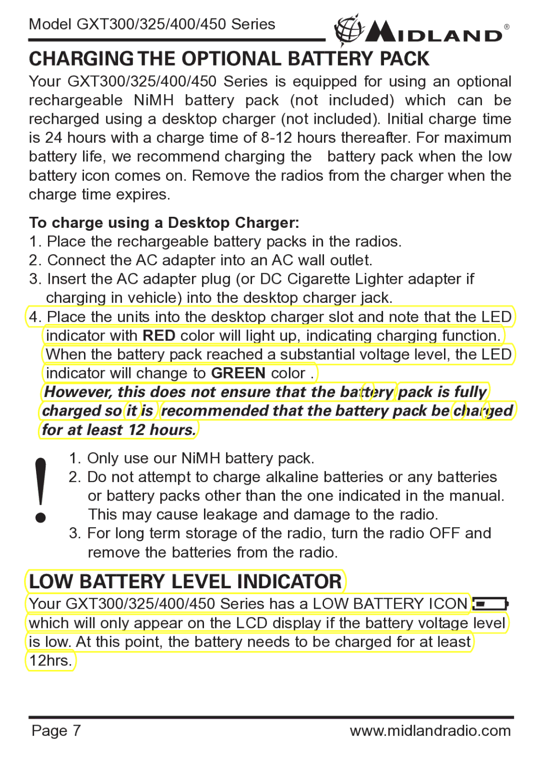 Midland Radio GXT325 Series, GXT450 Series, GXT400 Series Charging the Optional Battery Pack, LOW Battery Level Indicator 