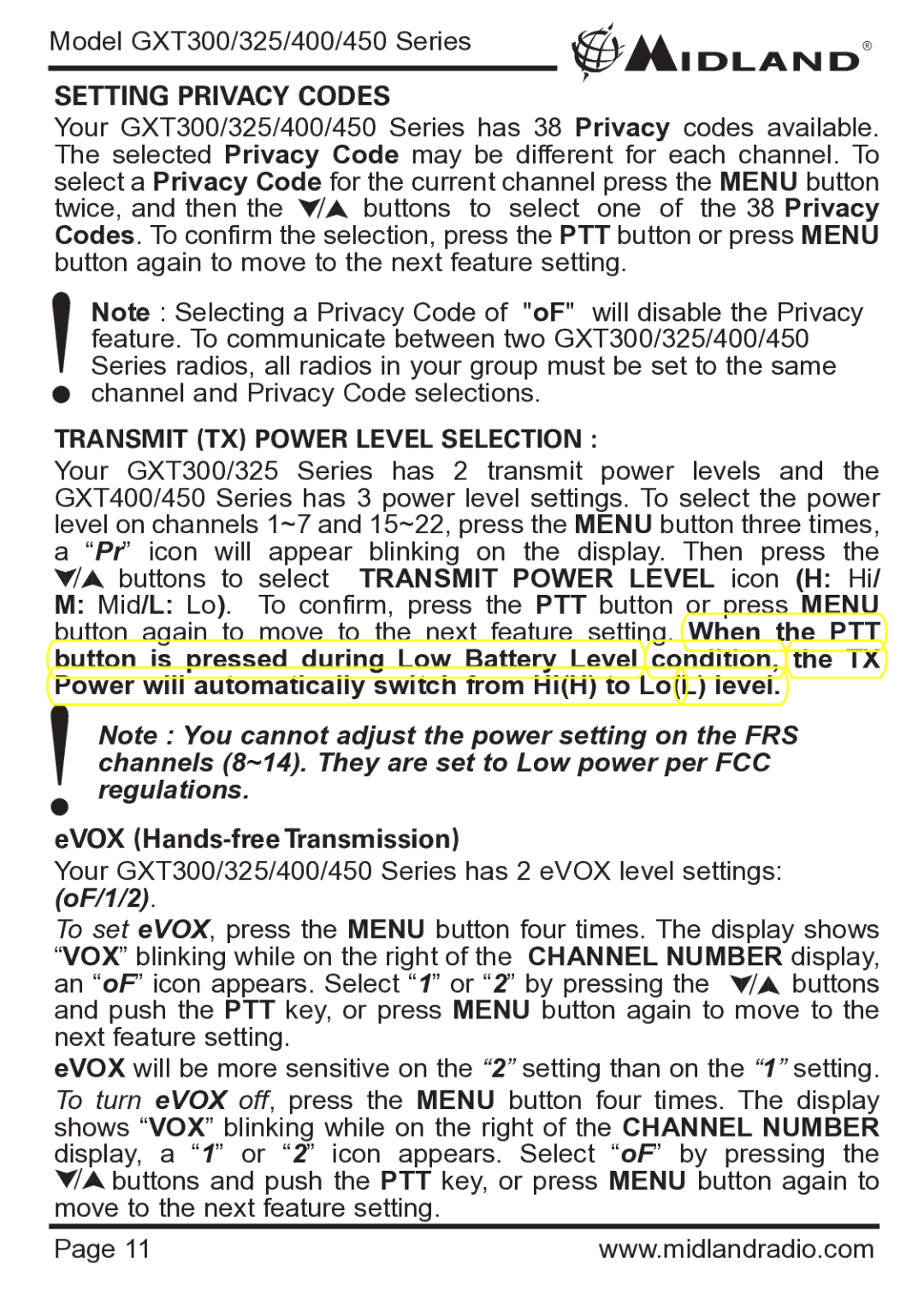 Midland Radio GXT400 Series, GXT450 Series, GXT300 Series Setting Privacy Codes, Transmit TX Power Level Selection 