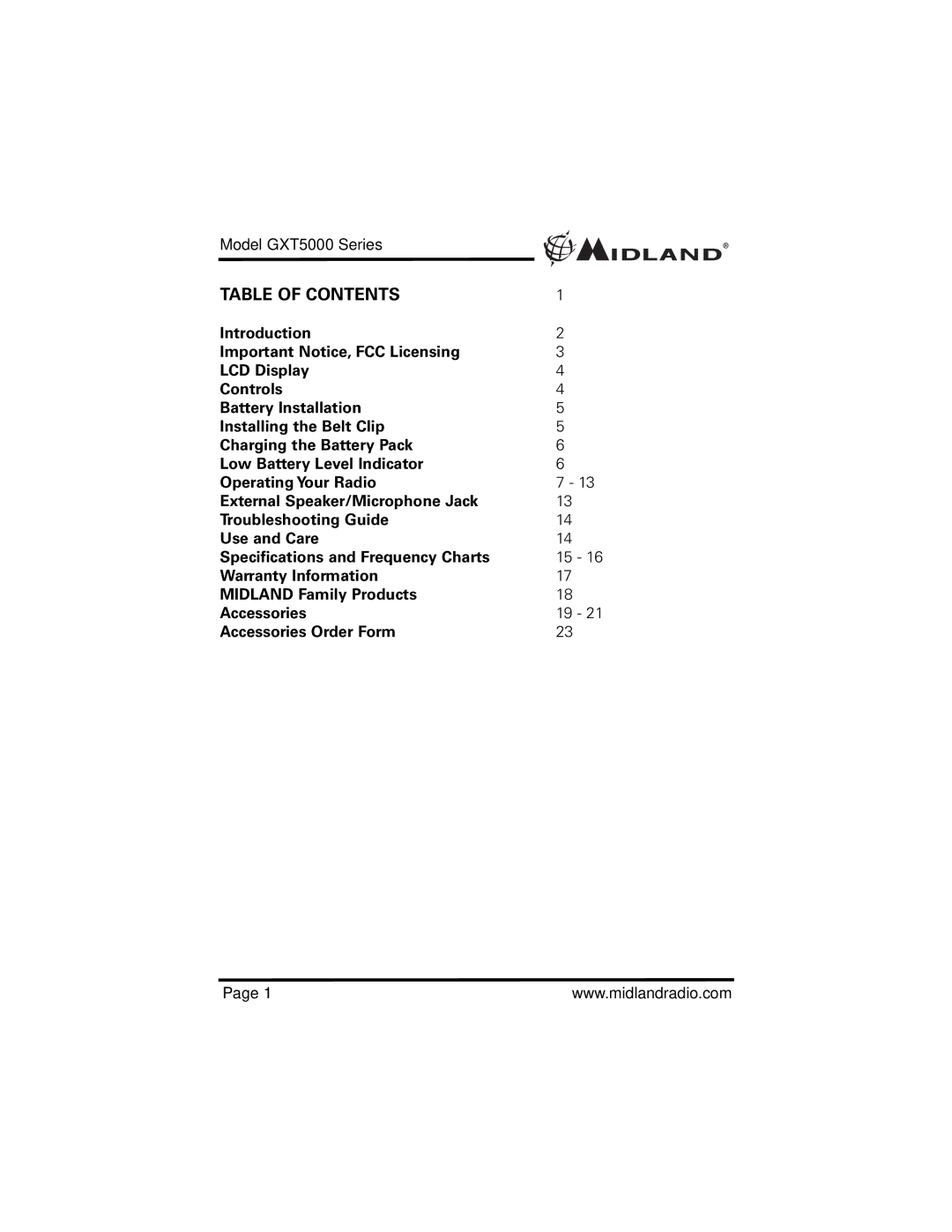 Midland Radio GXT5000 specifications Table of Contents 