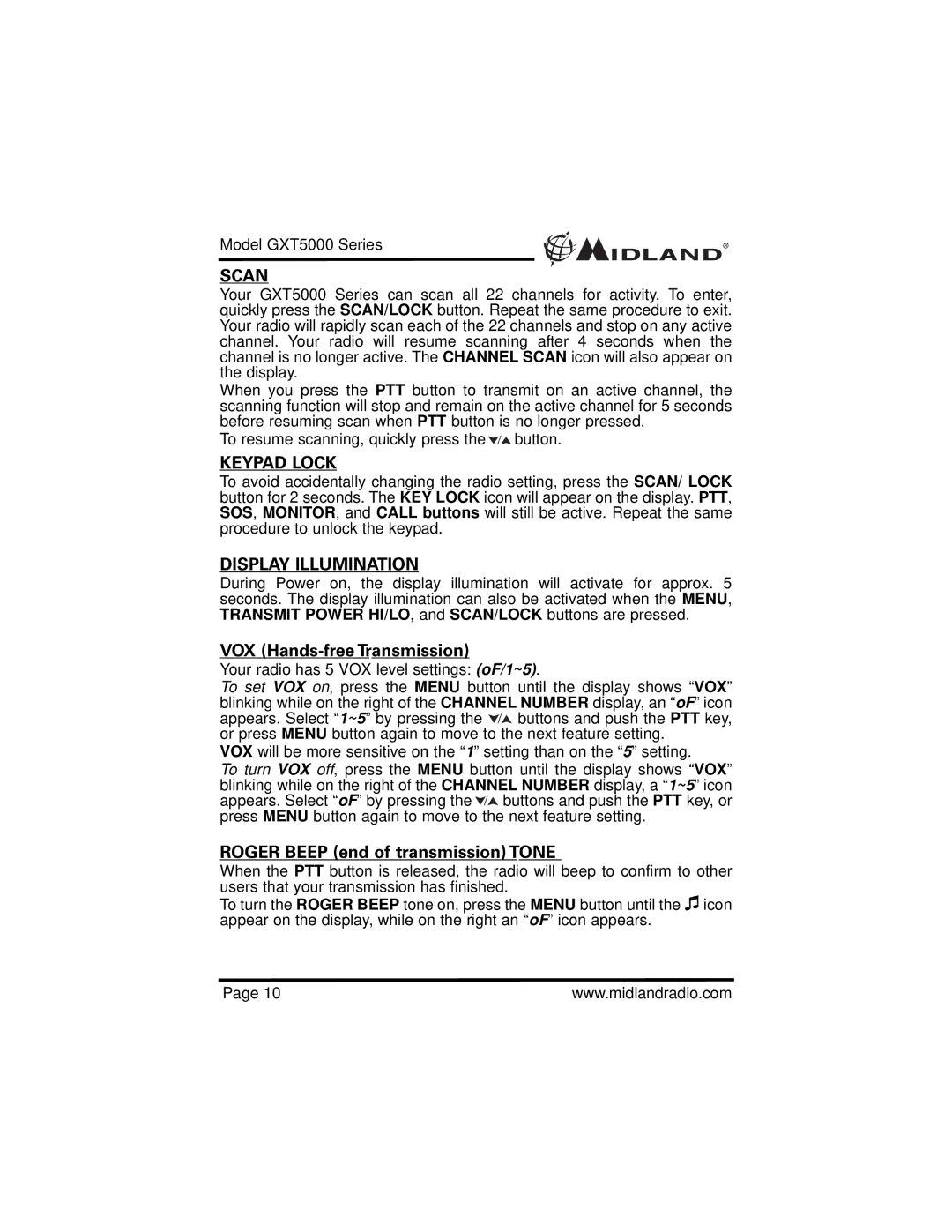 Midland Radio GXT5000 specifications Scan, Keypad Lock, Display Illumination 