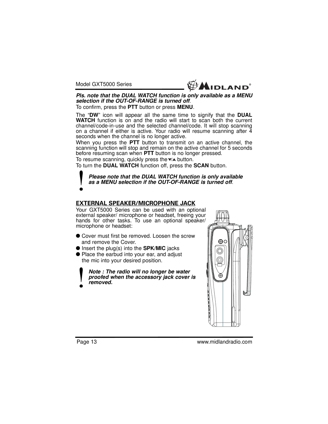 Midland Radio GXT5000 specifications External SPEAKER/MICROPHONE Jack 