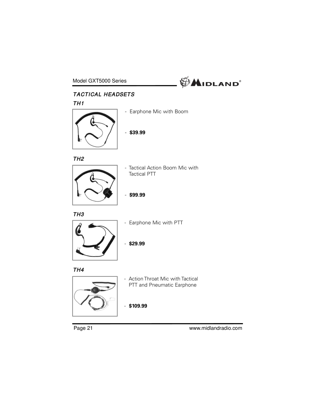 Midland Radio GXT5000 specifications $99.99, $29.99, $109.99 