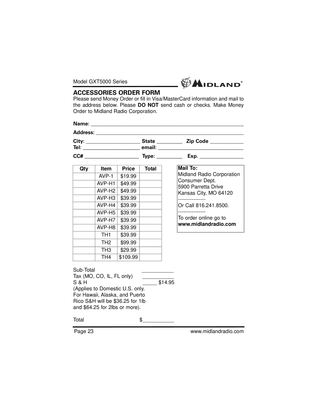 Midland Radio GXT5000 Accessories Order Form, Name Address City State Zip Code Tel email, Qty Price Total, Mail To 